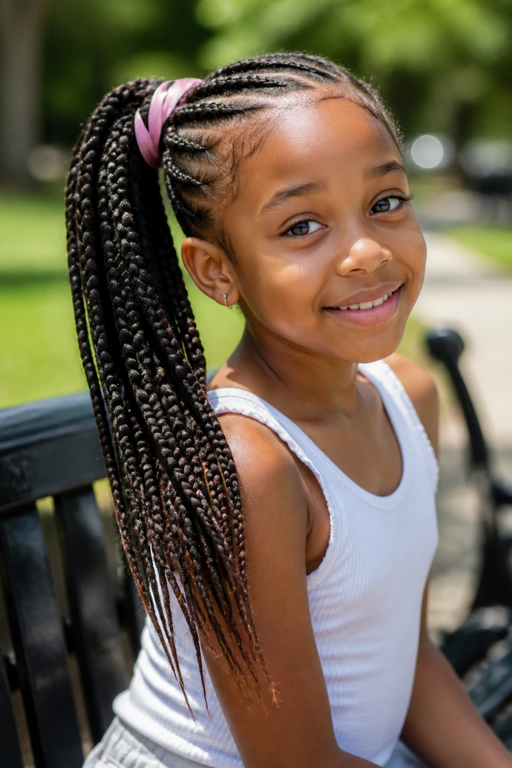Close-up of a real child with a side ponytail braided and ribbon wrap