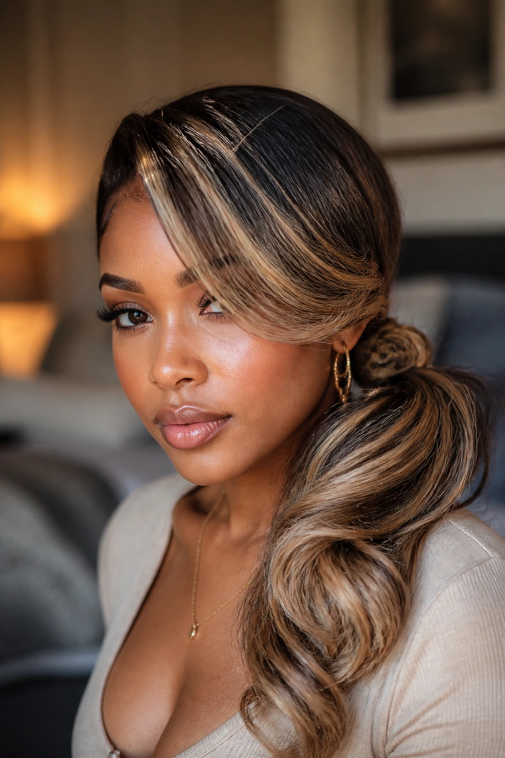 Close-up of a real person with deep-side-part ponytail and caramel peekaboo strands