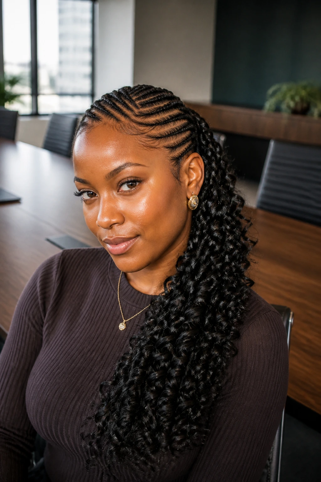 Real woman with side-ponytail cornrows in a conference room setting