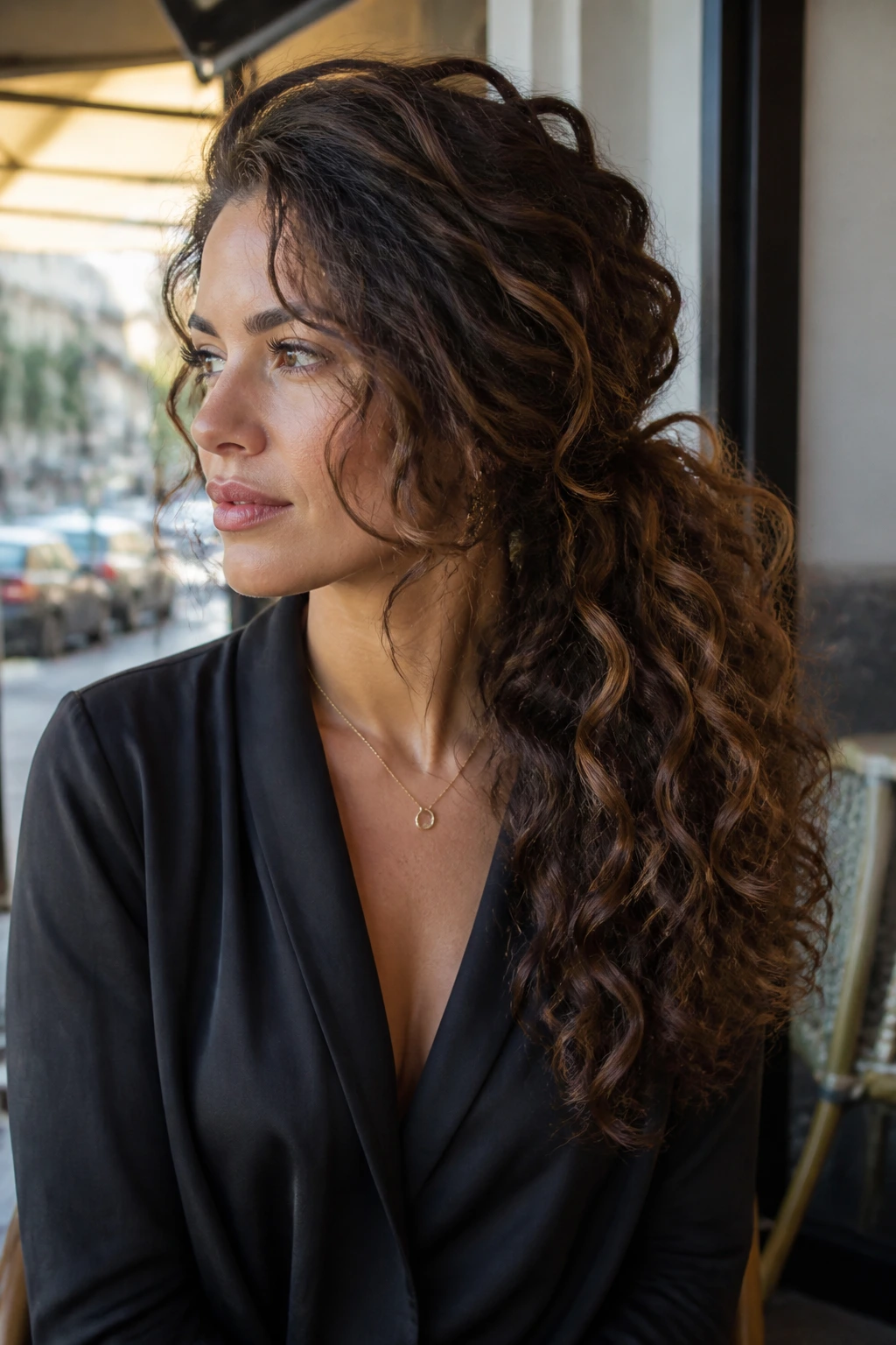 Portrait of a real woman with a side-swept voluminous ponytail and lifted crown