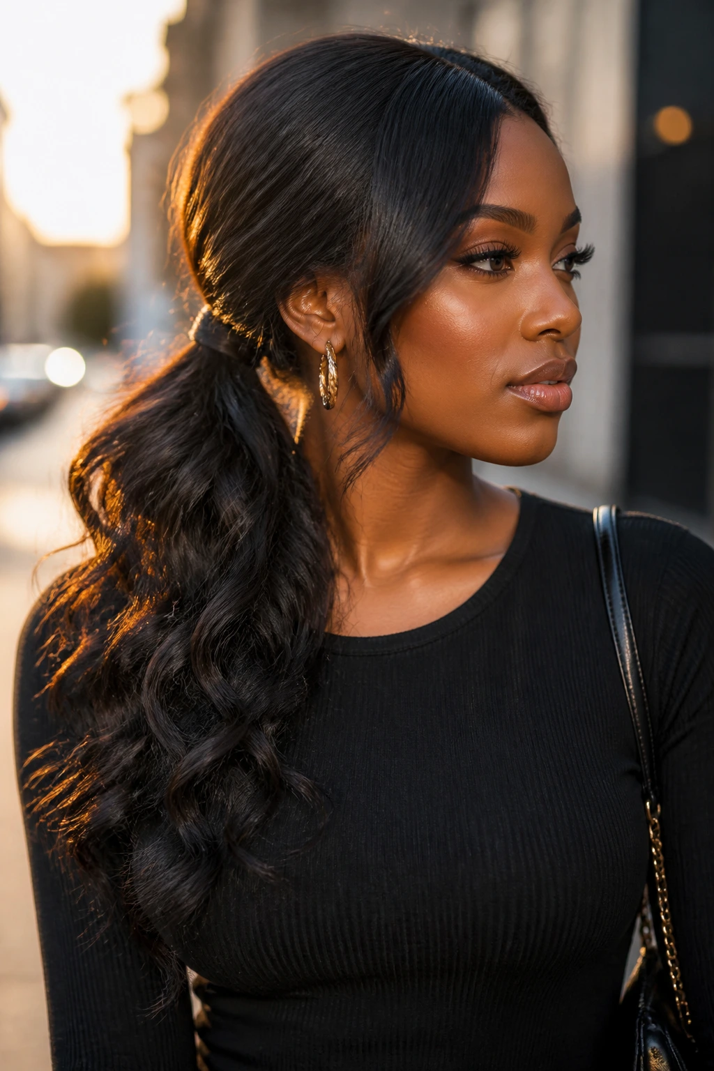 Portrait of a woman with a side ponytail and soft glamour texture on an urban street at golden hour.