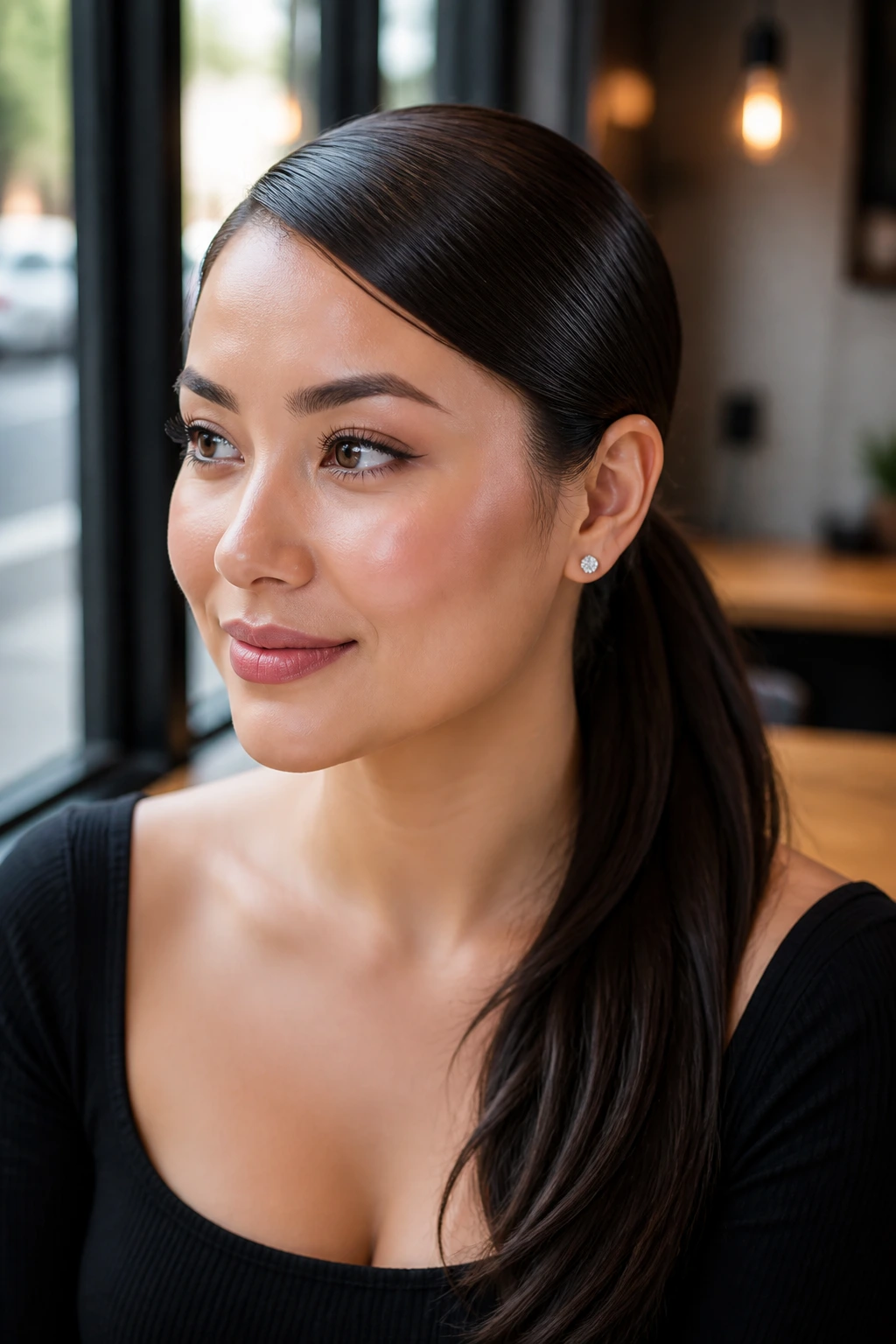 Close-up portrait of a real woman with a slick side ponytail behind one ear and hidden elastic