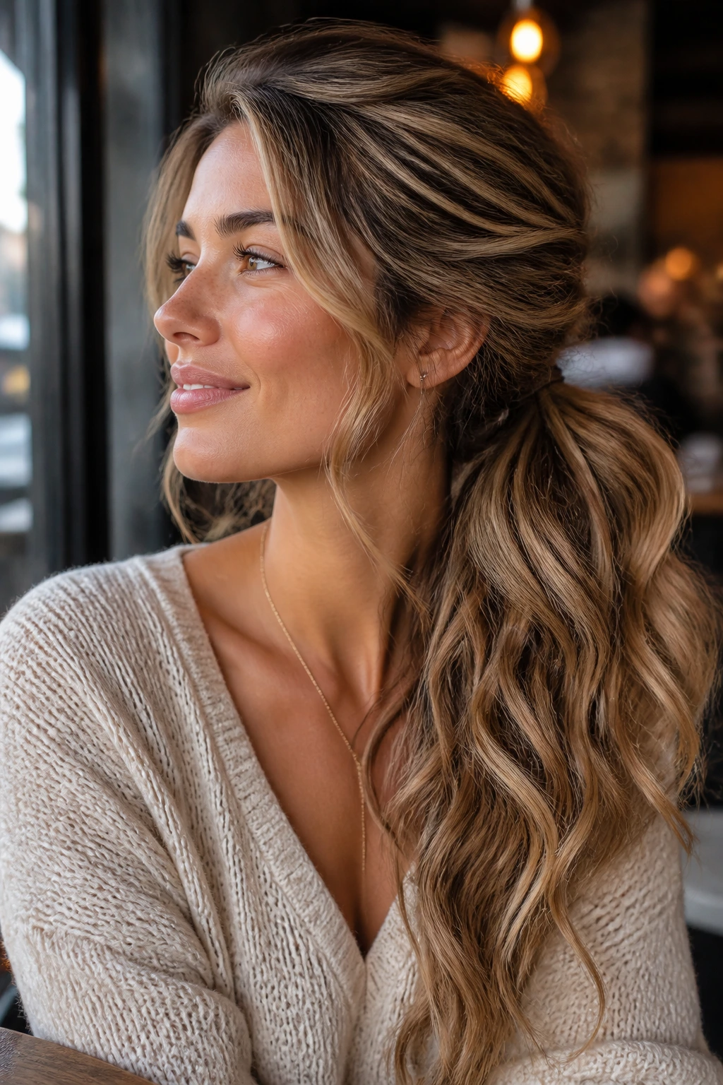 Close-up of a real woman with a voluminous side ponytail and waves