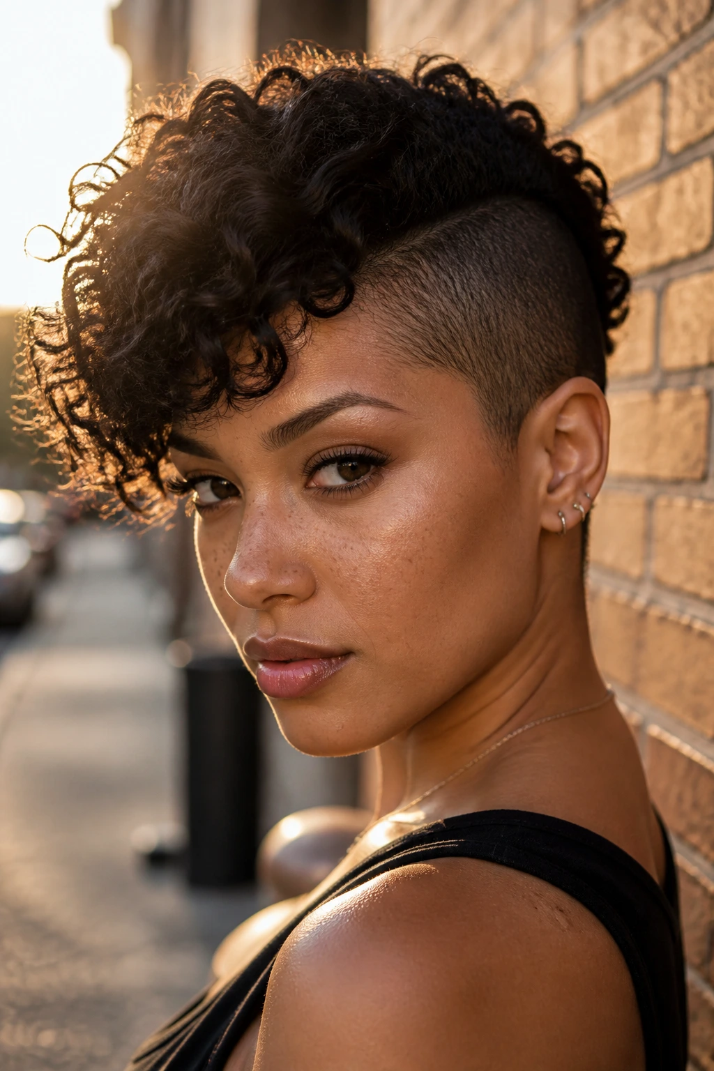 Portrait of a real woman with a side-shaved curly pixie showing shaved side and textured curls.
