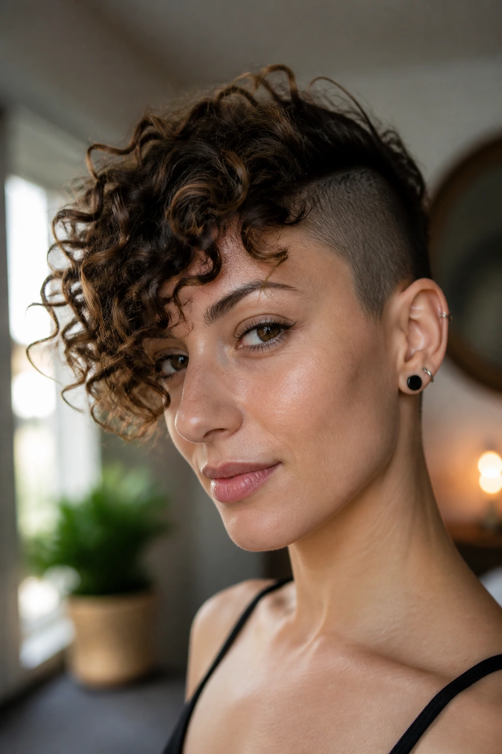 Close-up portrait of a woman with a side-shaved curly pixie and a long coil sweep, natural window light.
