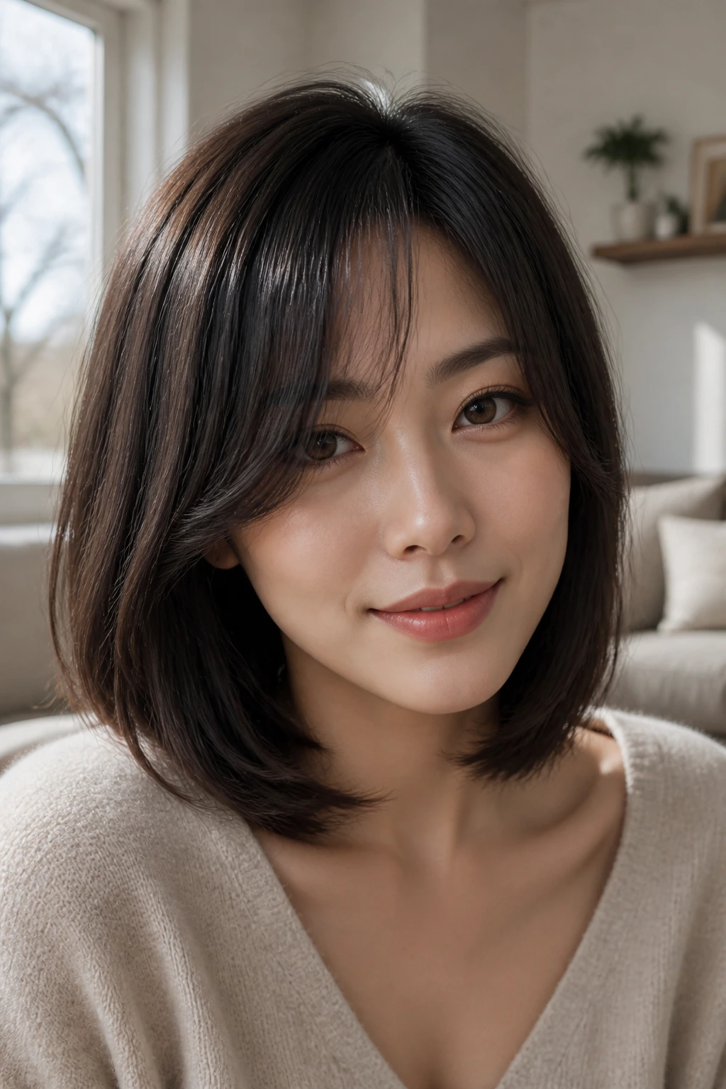 Close-up of a real woman with a side-softened curtain bob and one fuller fringe