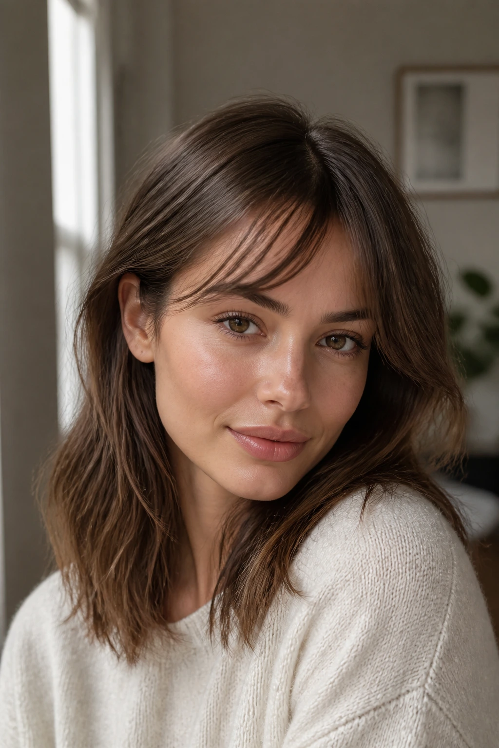 Close-up portrait of a real woman with a low-density side-split fringe and diagonal fringe