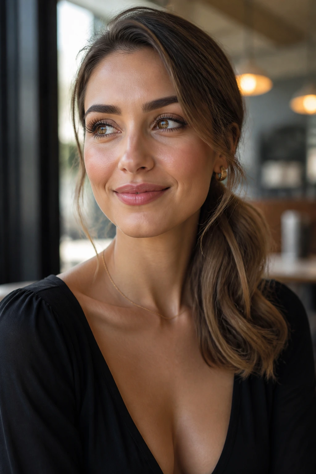 Real woman with a low, side-stacked ponytail over the shoulder in cafe window light
