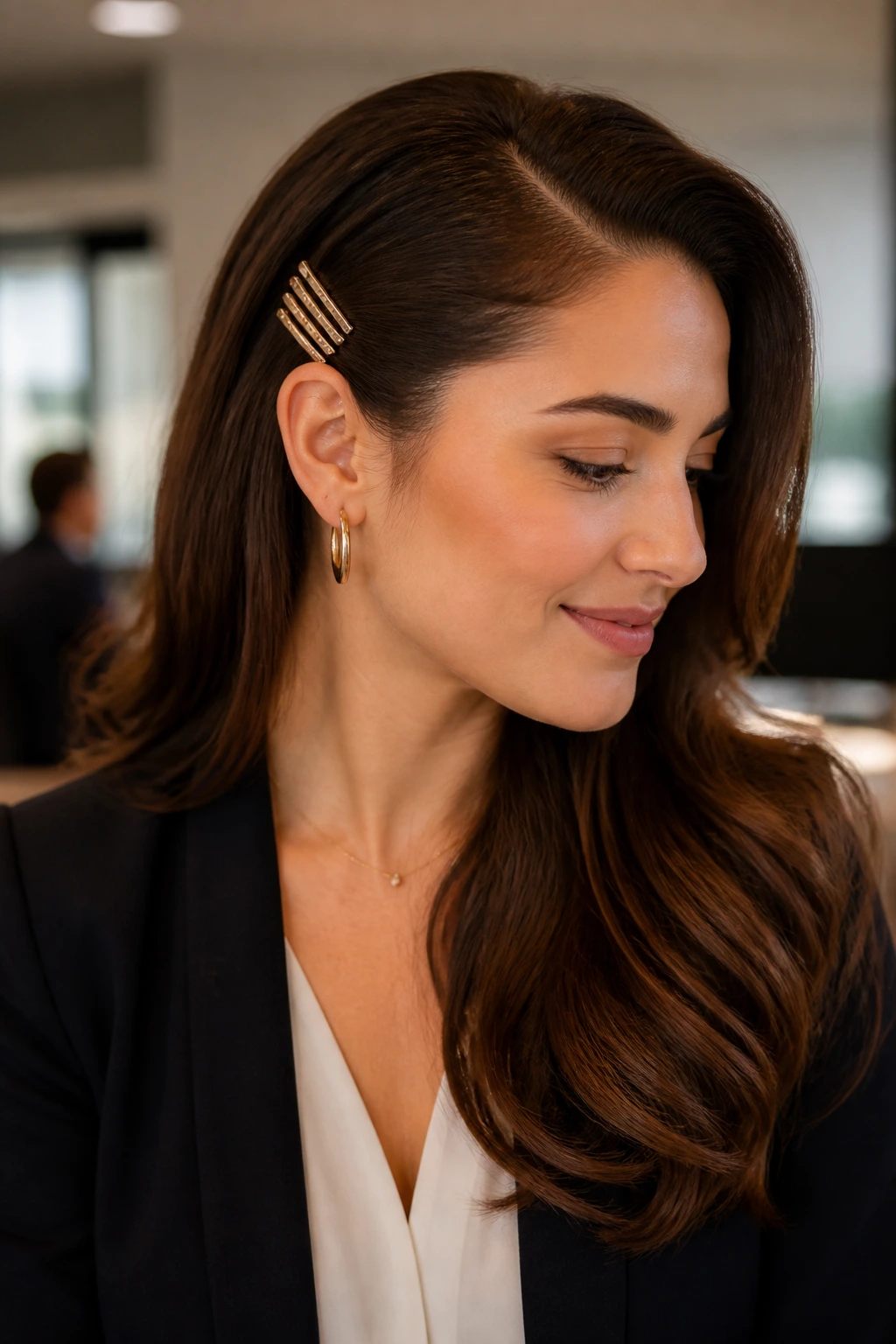 Woman with side-swept hair and stacked barrettes in an office