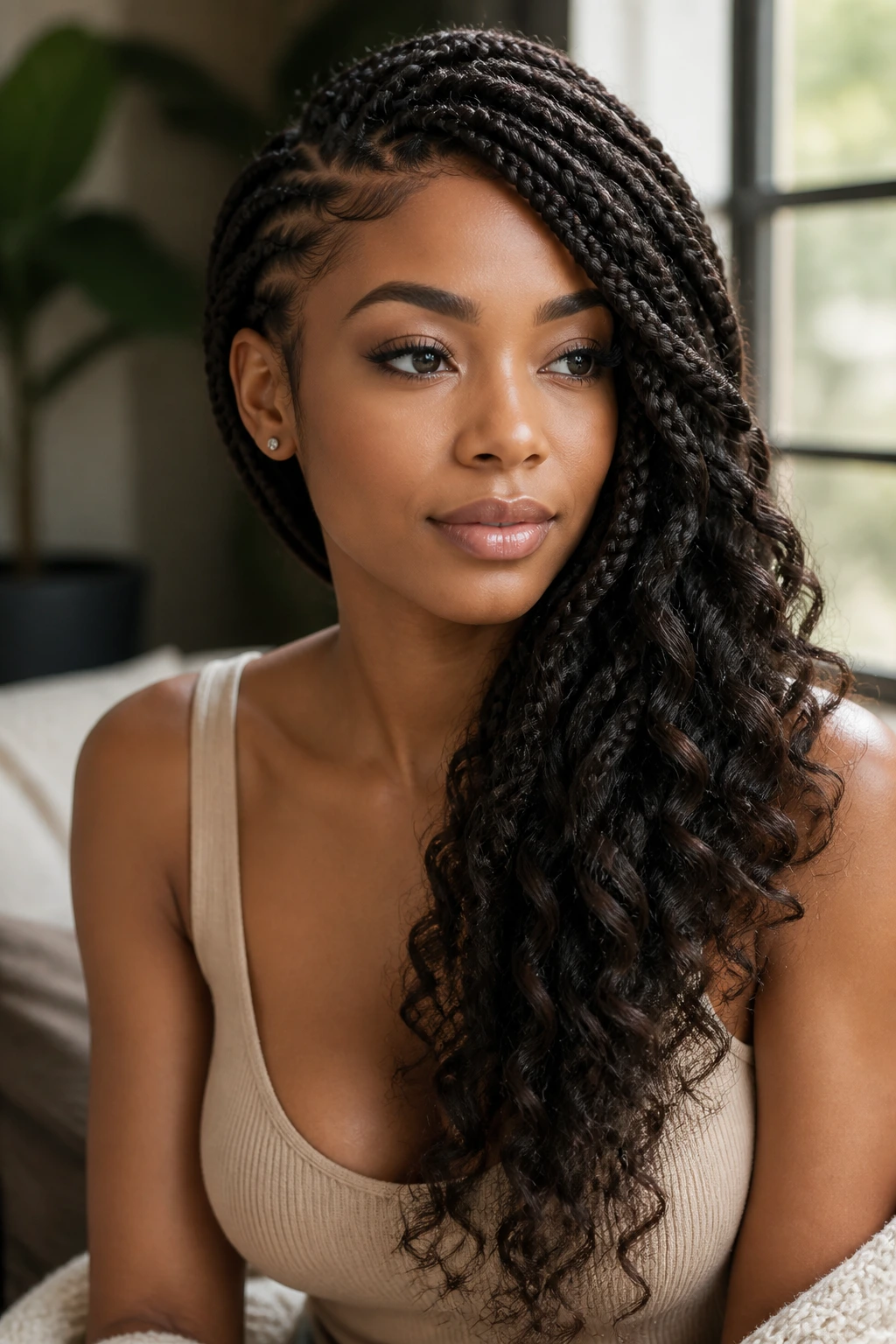 Side-swept braid framing the face on a real person, showcasing the shape change.