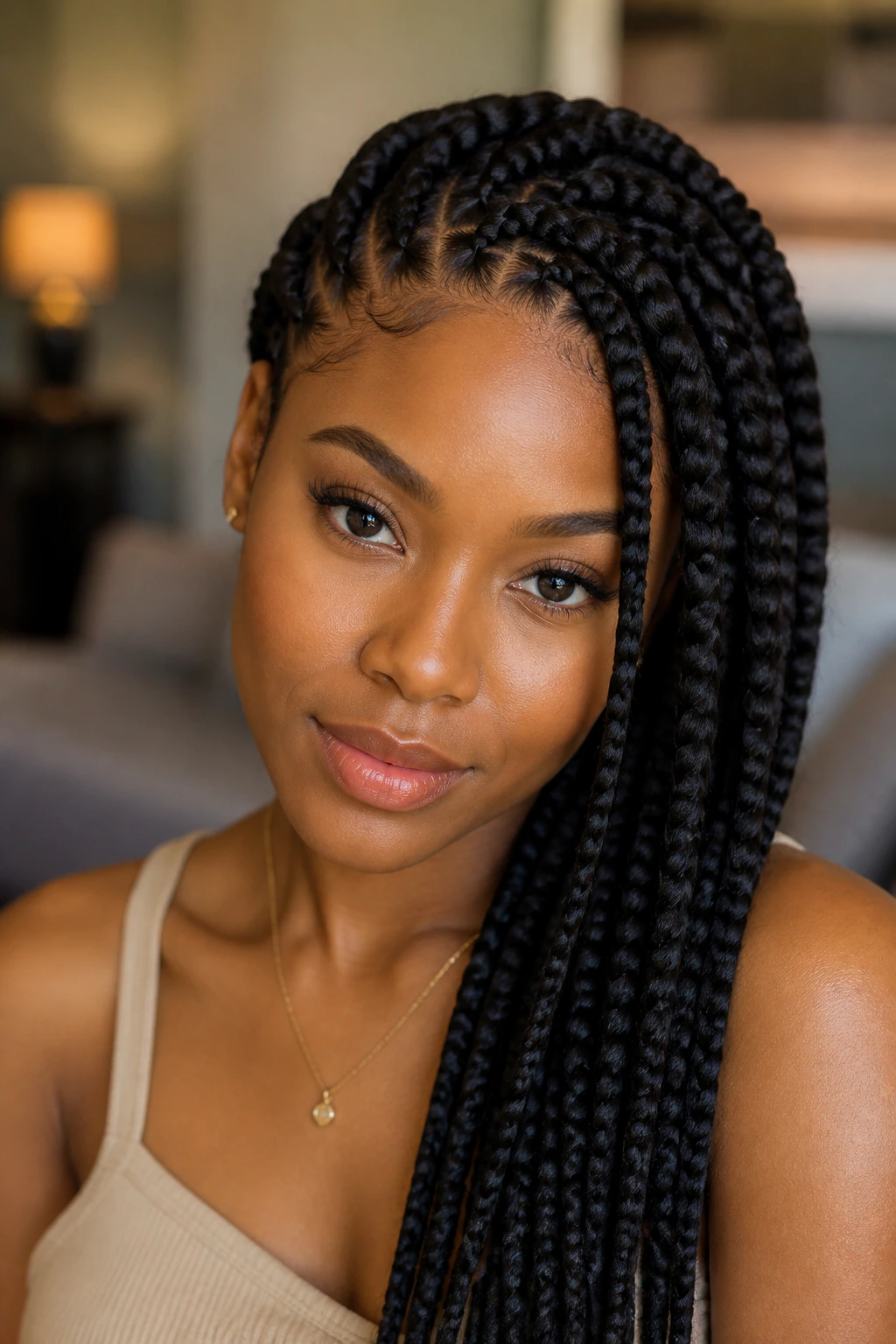 Close-up of a real person with a side-swept front braid softening a broad forehead.