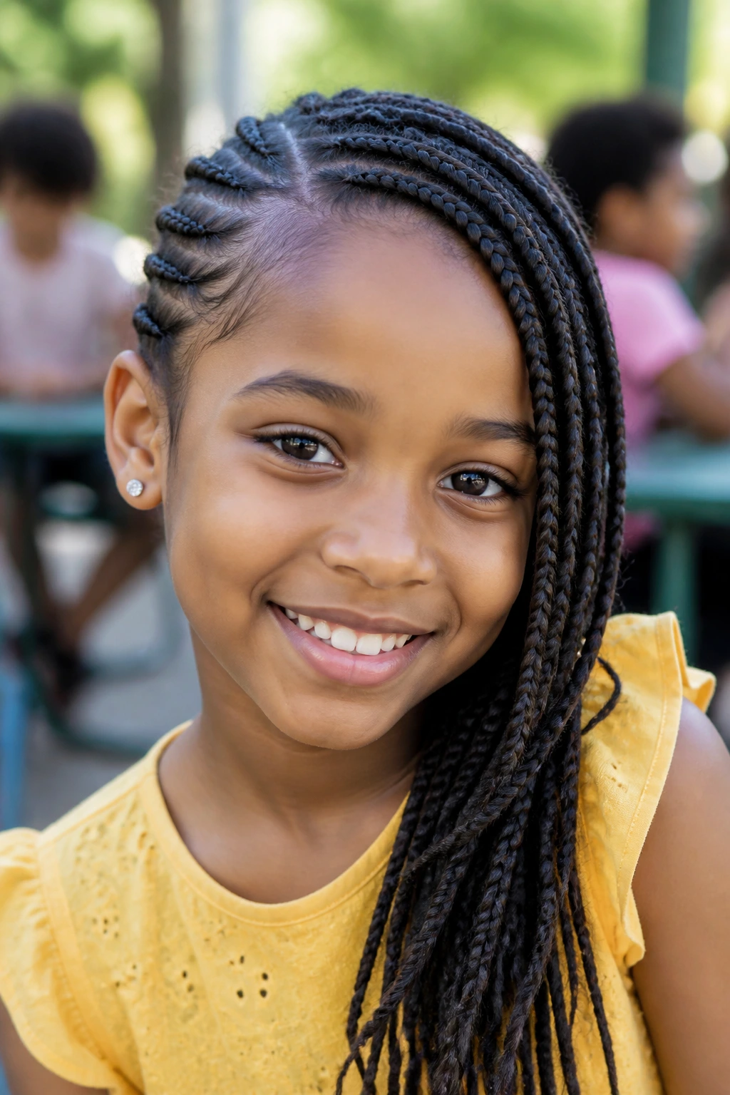 Close-up of a child with lemonade side-sweep braids