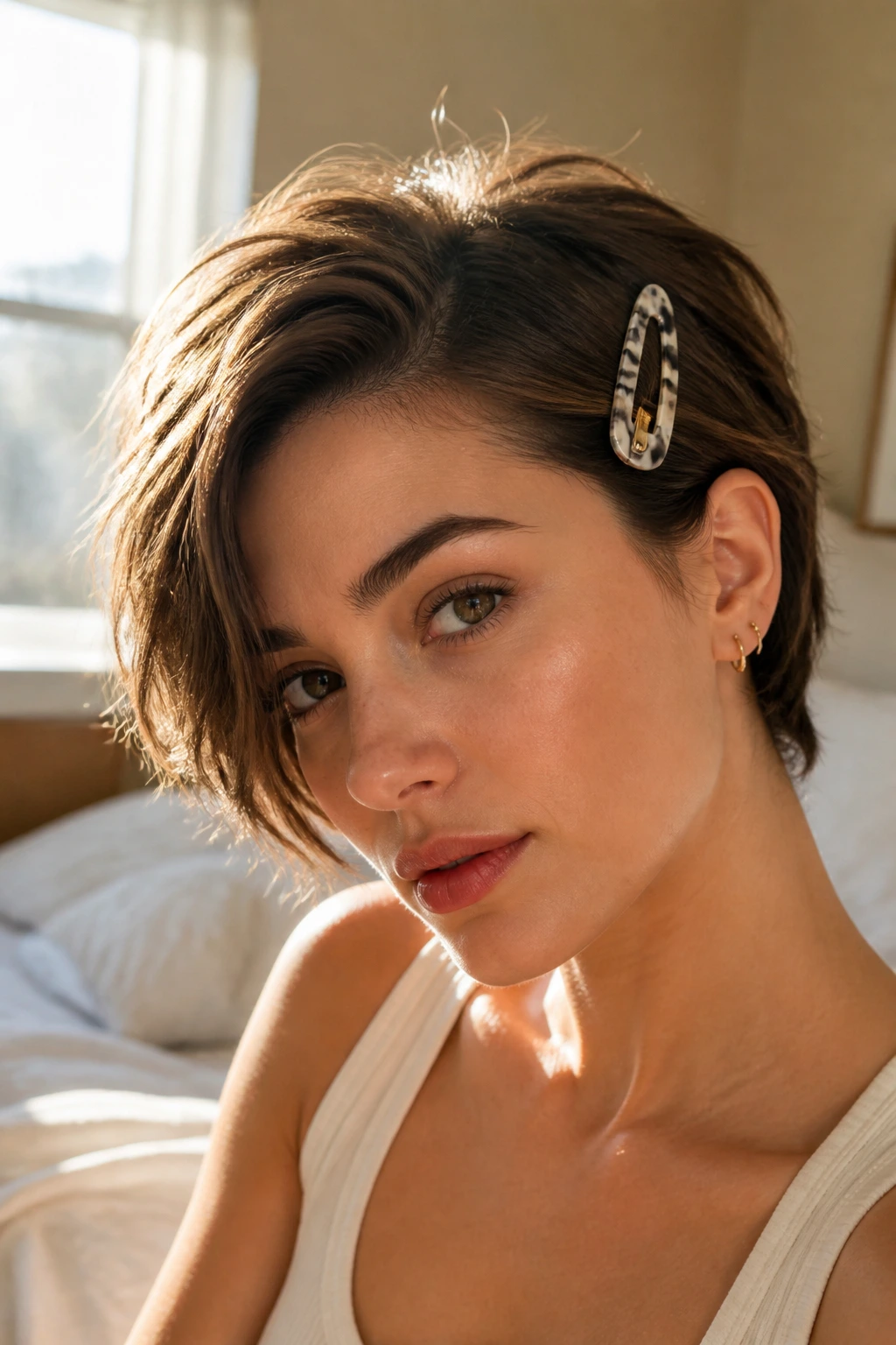 Portrait of a real person with a short side-swept haircut secured by a bold clip