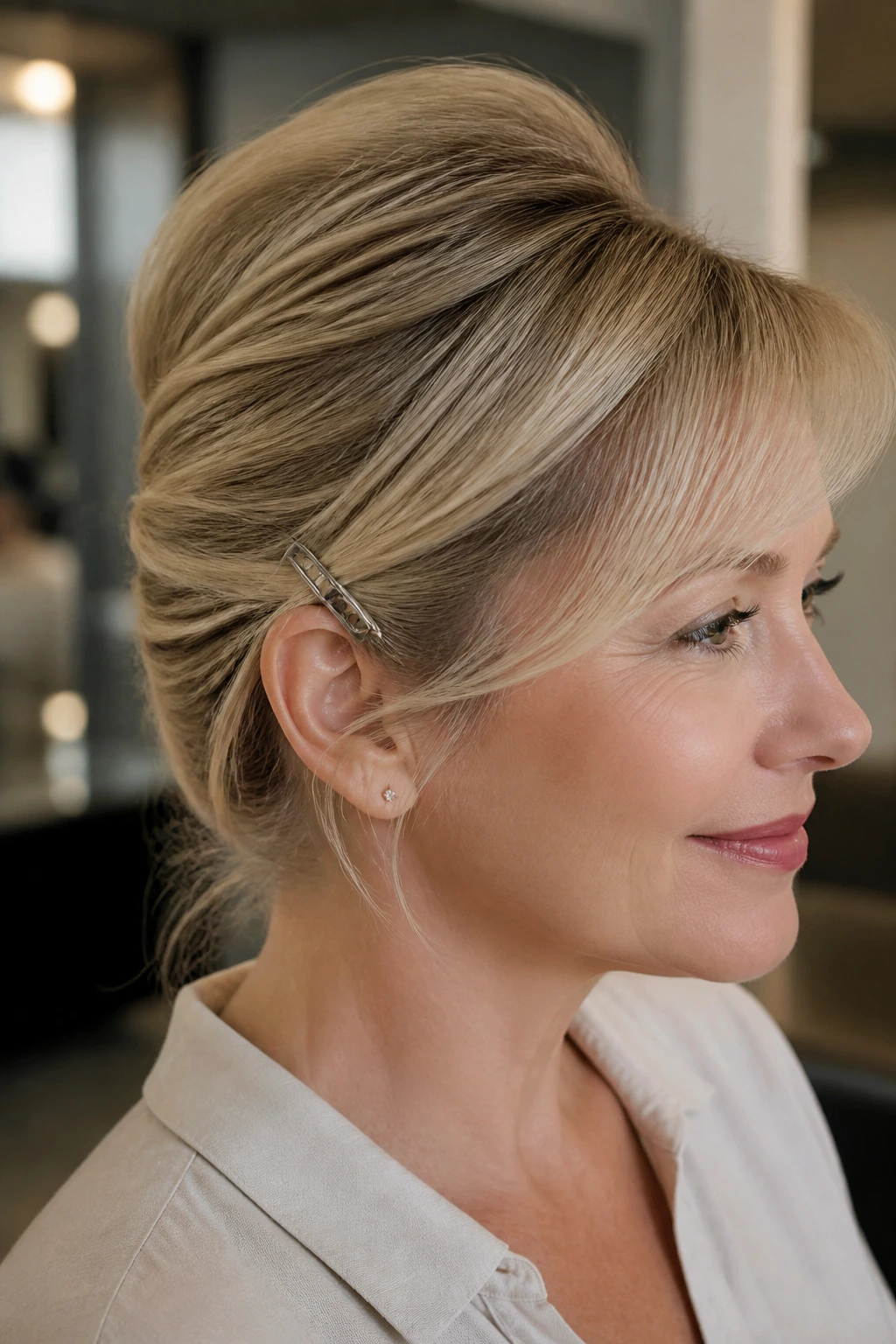 Close-up of a real woman with a clipped-back side sweep and crown lift.