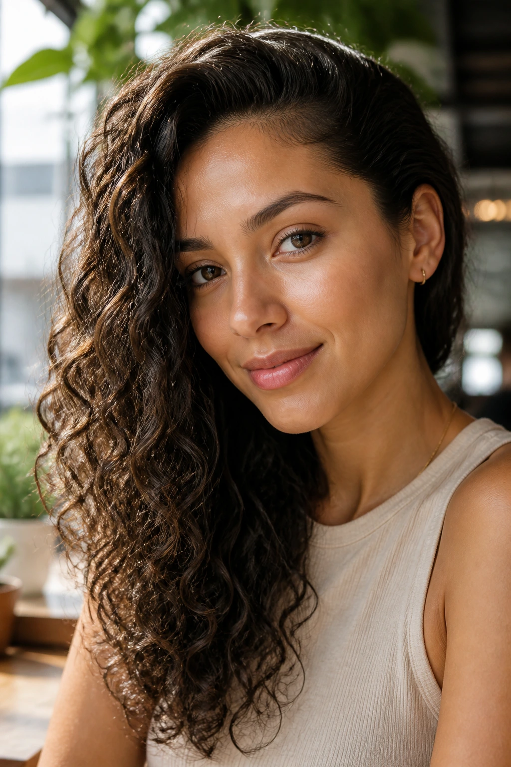 Real woman with side-swept curls tucked behind one ear