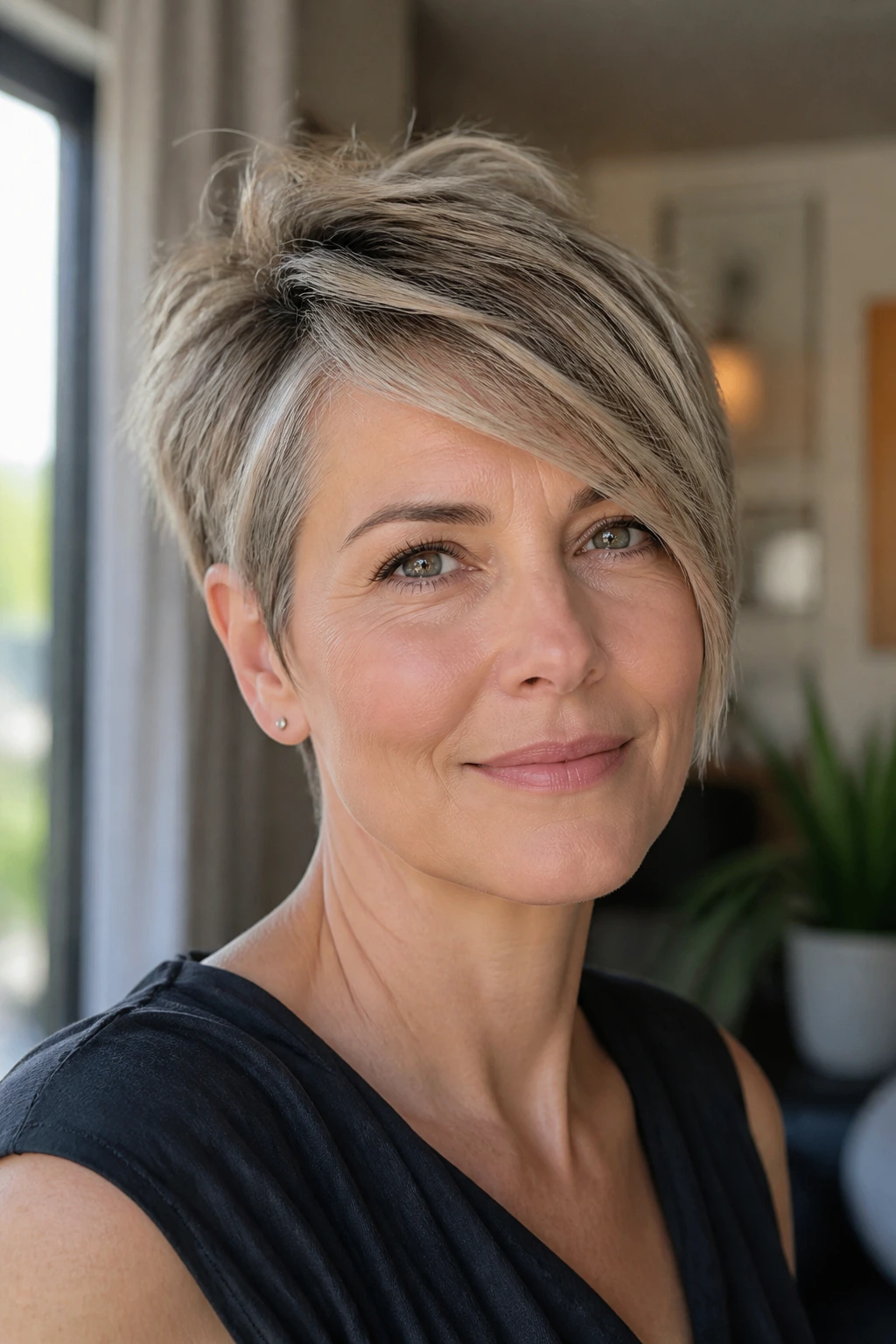 Woman with soft side-sweep fringe as a variation