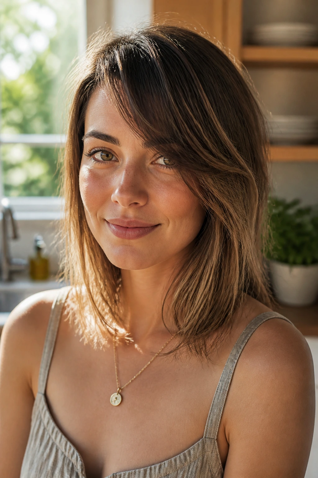 Close-up portrait of a woman with an air-dried side-sweep fringe in warm morning light