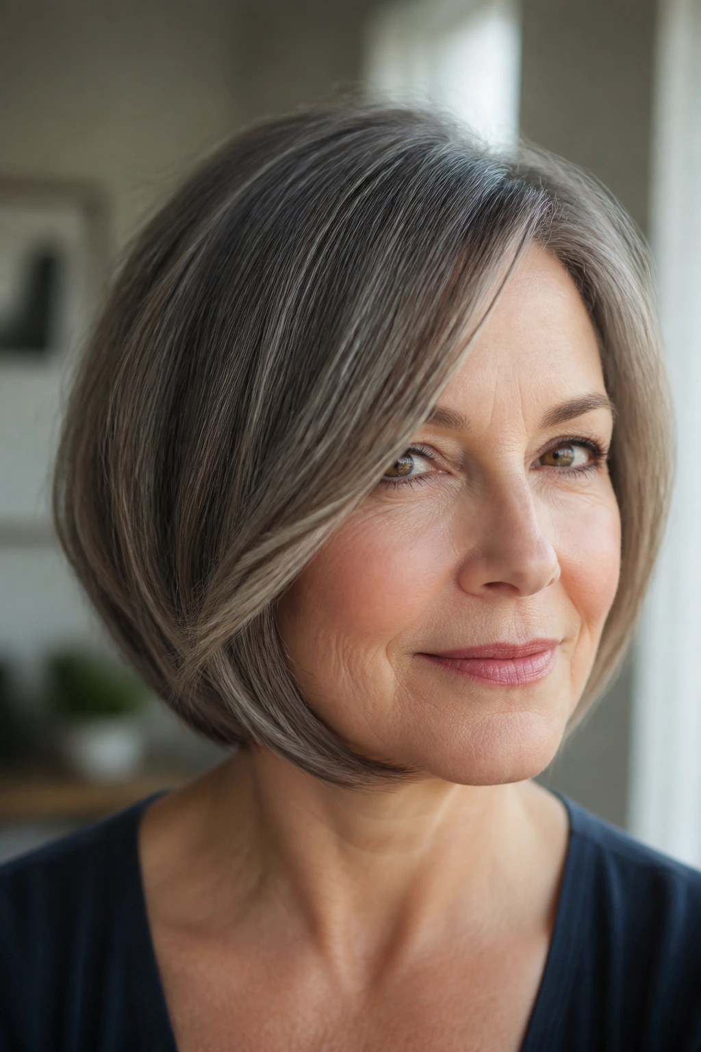 Woman with chin-skimming side sweep haircut