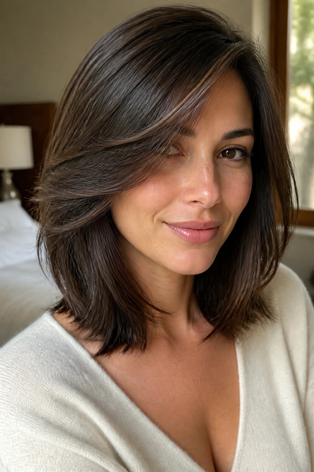 Close-up of a real woman with a natural side-swept hairstyle in warm window light