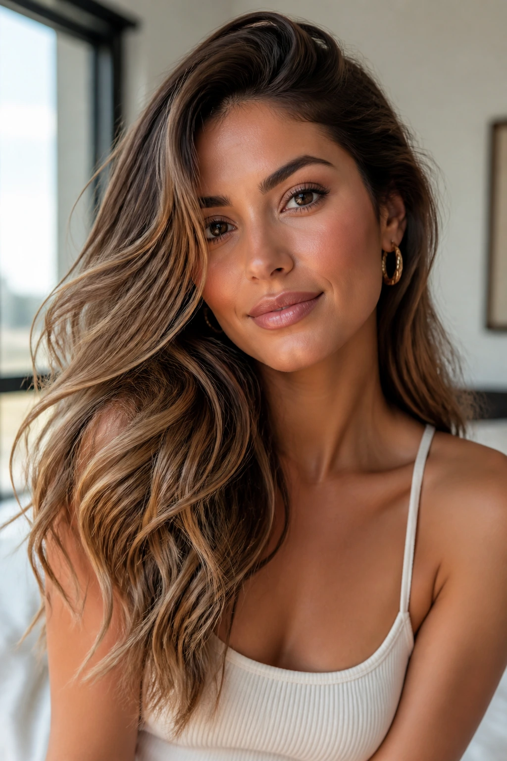 Close-up of a real woman with soft glam side-sweep waves.