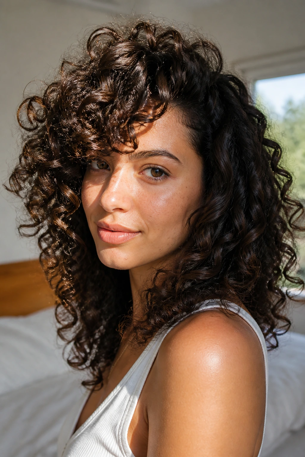 Close-up portrait of a person with side-swept curly bangs showing motion