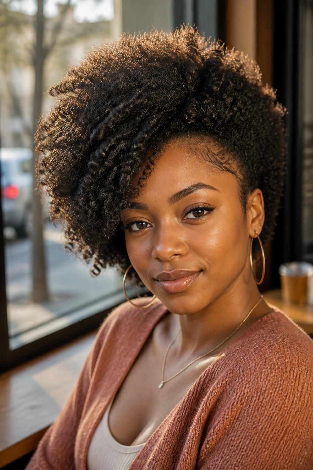 Close-up of a real woman with a side-swept Afro and soft edges