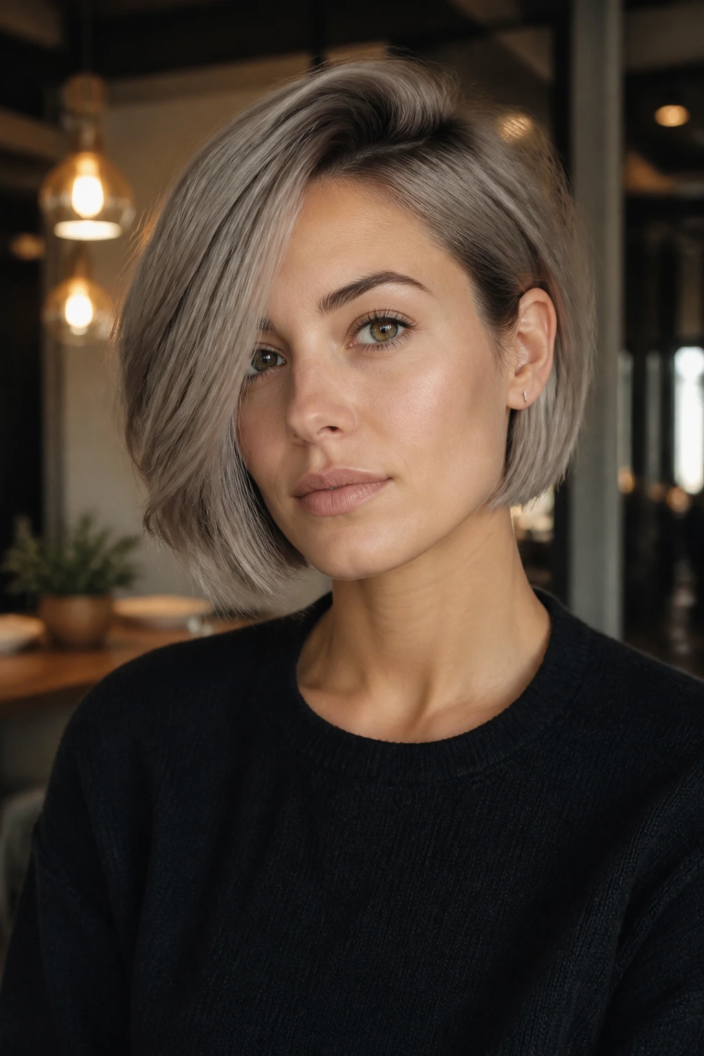 Portrait of a person with a side-swept jaw-skimming ash bob