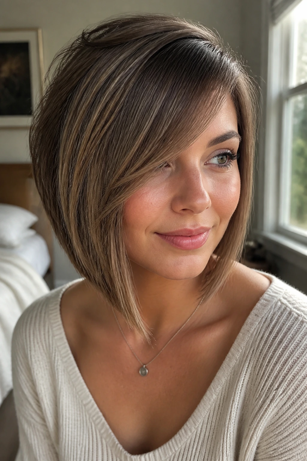 Close-up portrait of a woman with a side-swept bang A-line bob, natural light.