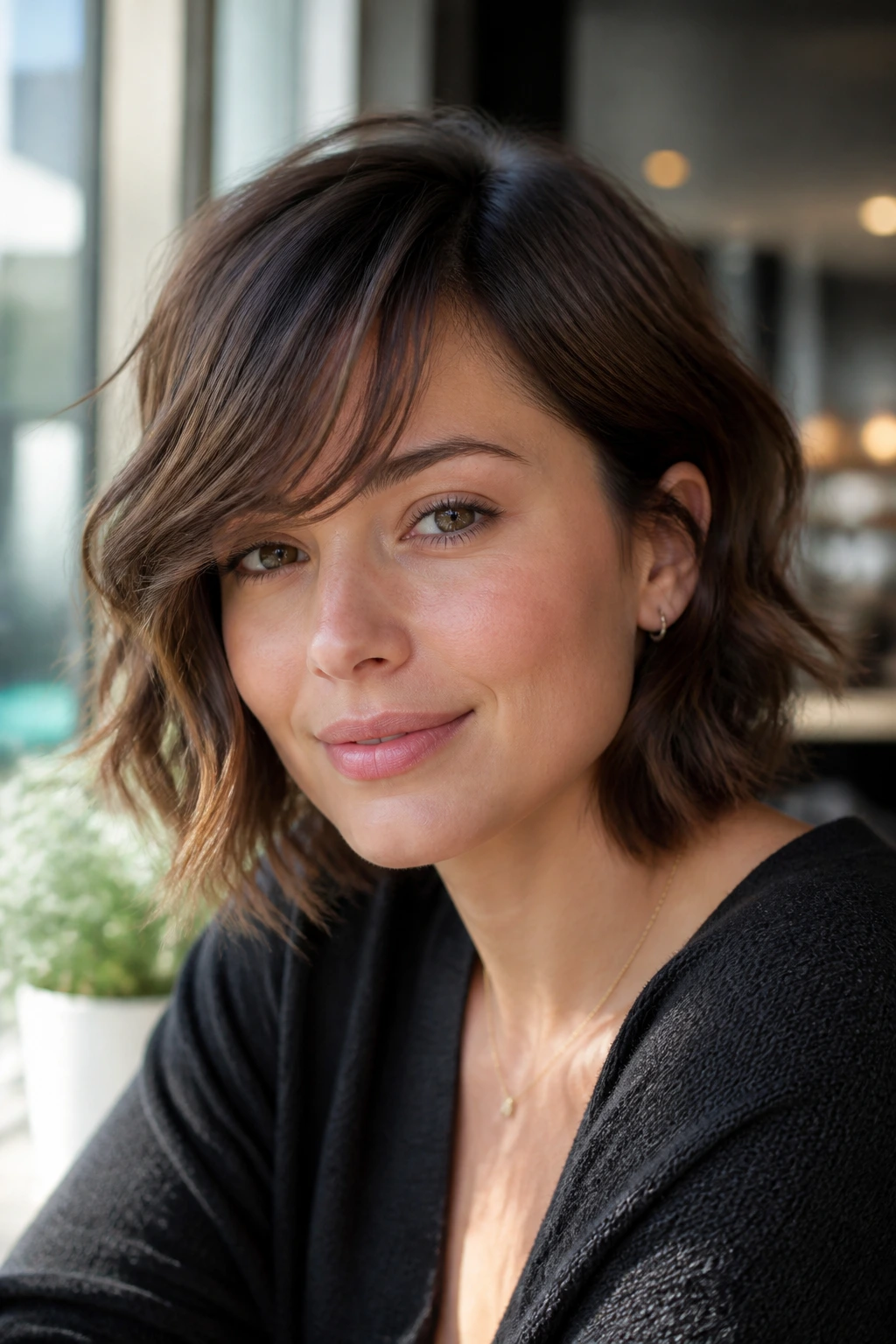 Portrait of a real woman with side swept bangs in a wave bob at a sunny cafe