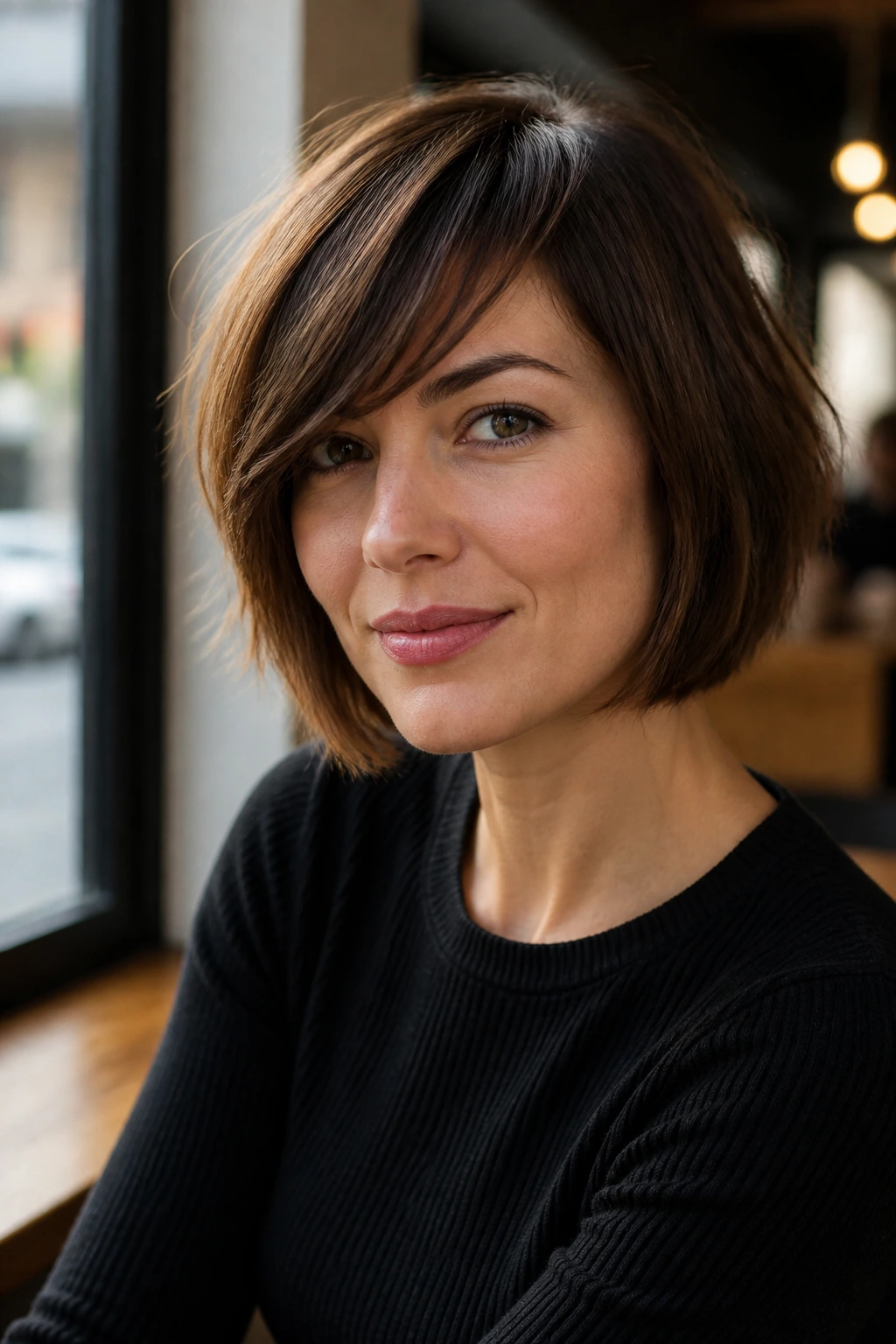 Close-up of a real woman with a side-swept bang bob