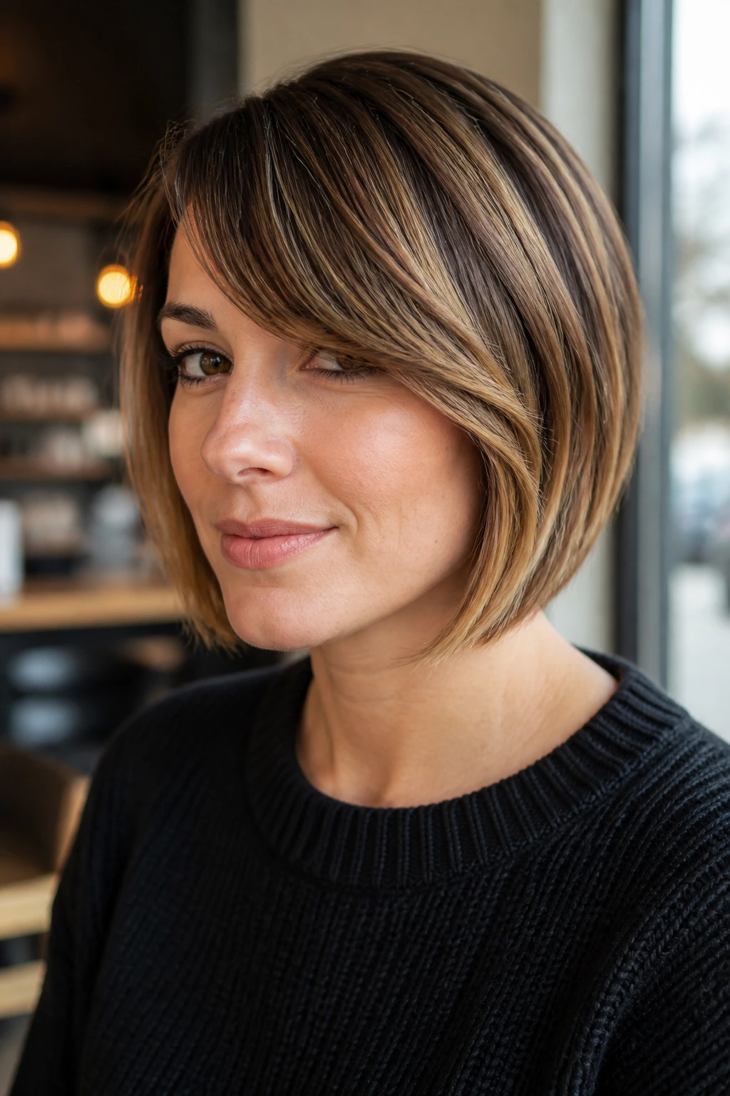 Close-up of a person with side-swept bangs and bob with toffee ends