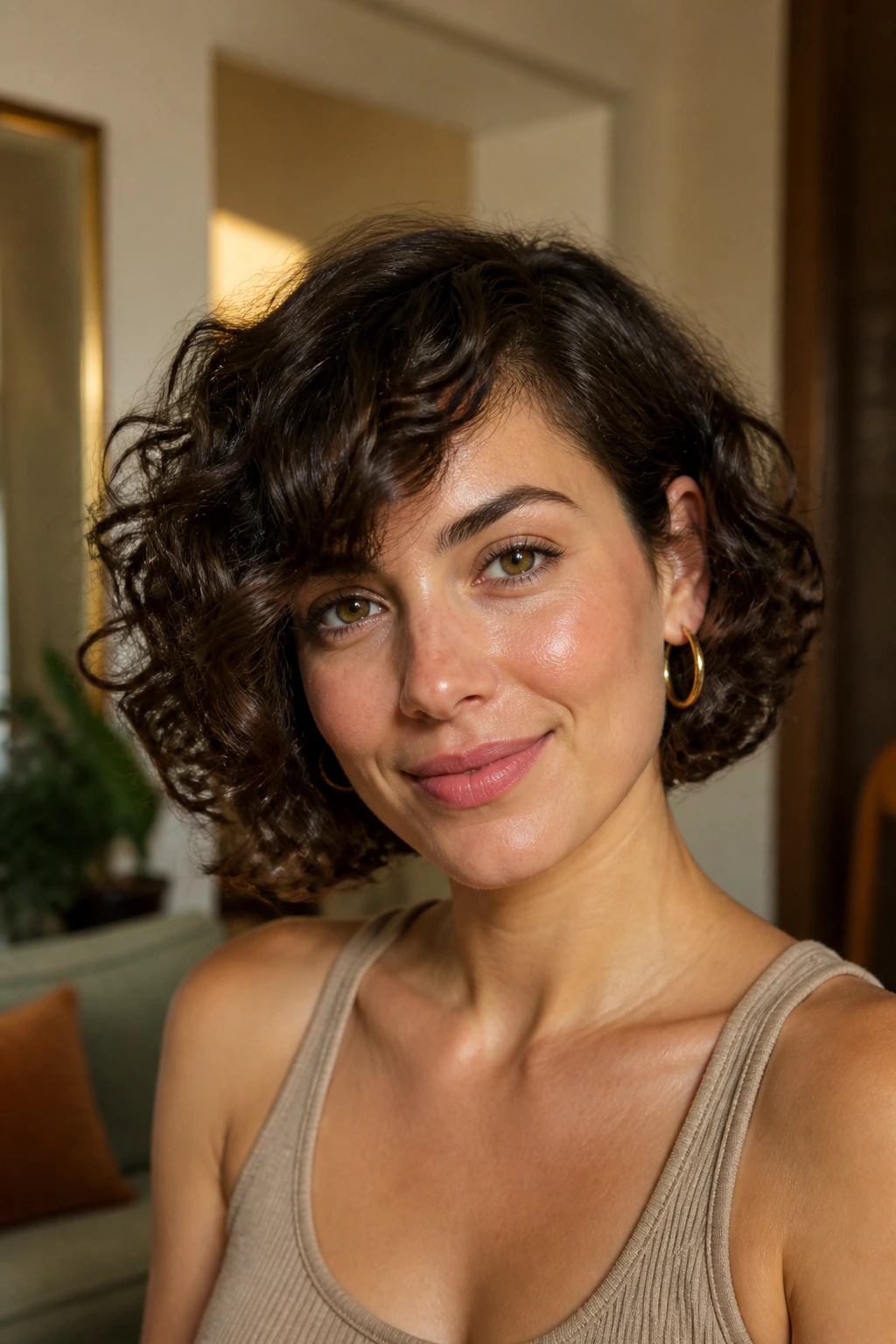 Portrait of a woman with a side-swept bang bob and curly hair.