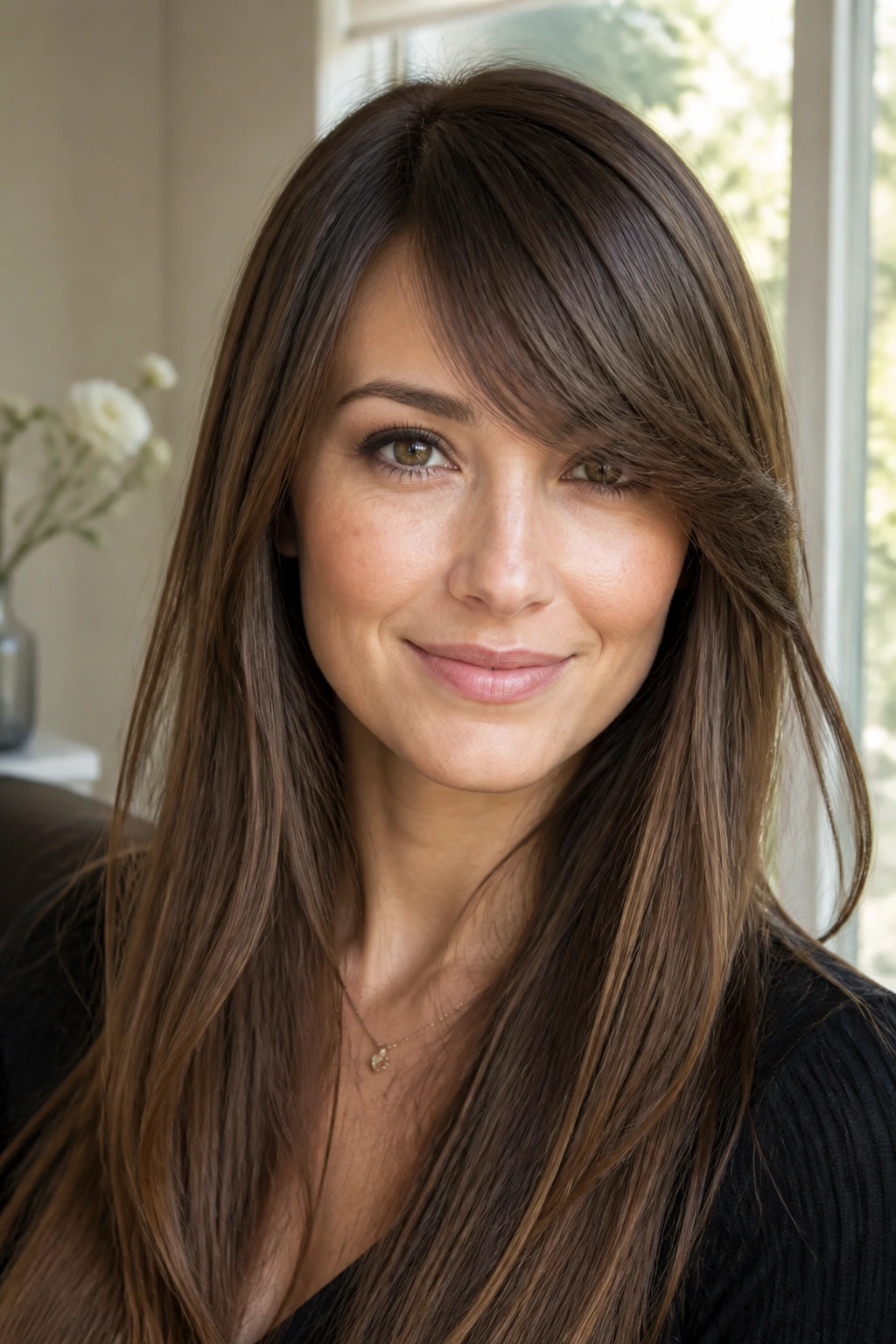 Close-up of a real person showcasing a side-swept bang that creates a defined front line.