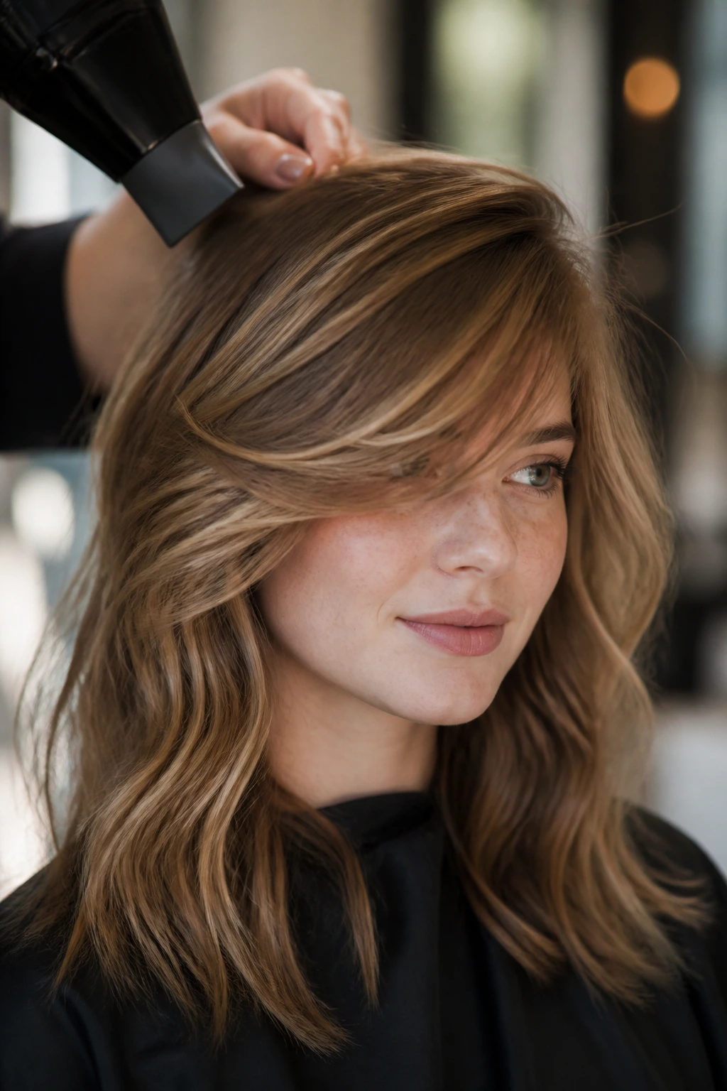 Portrait of a person with side-swept bangs styled to frame the face.