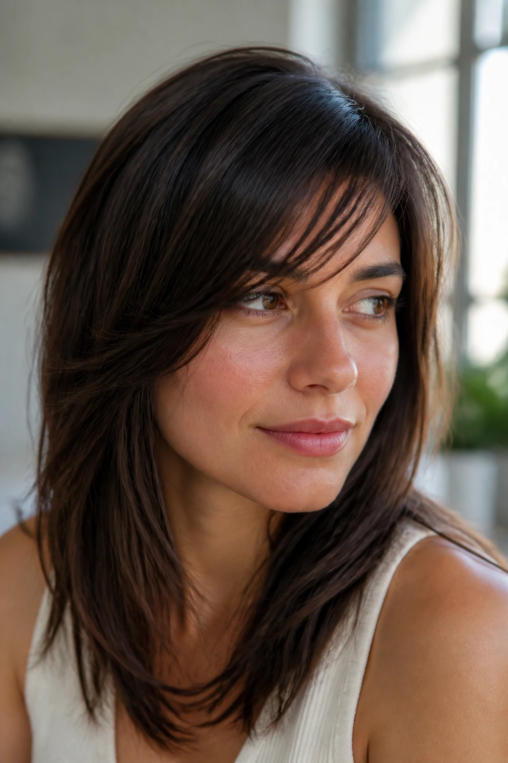 Portrait of a woman with side-swept slice bangs and airy ends