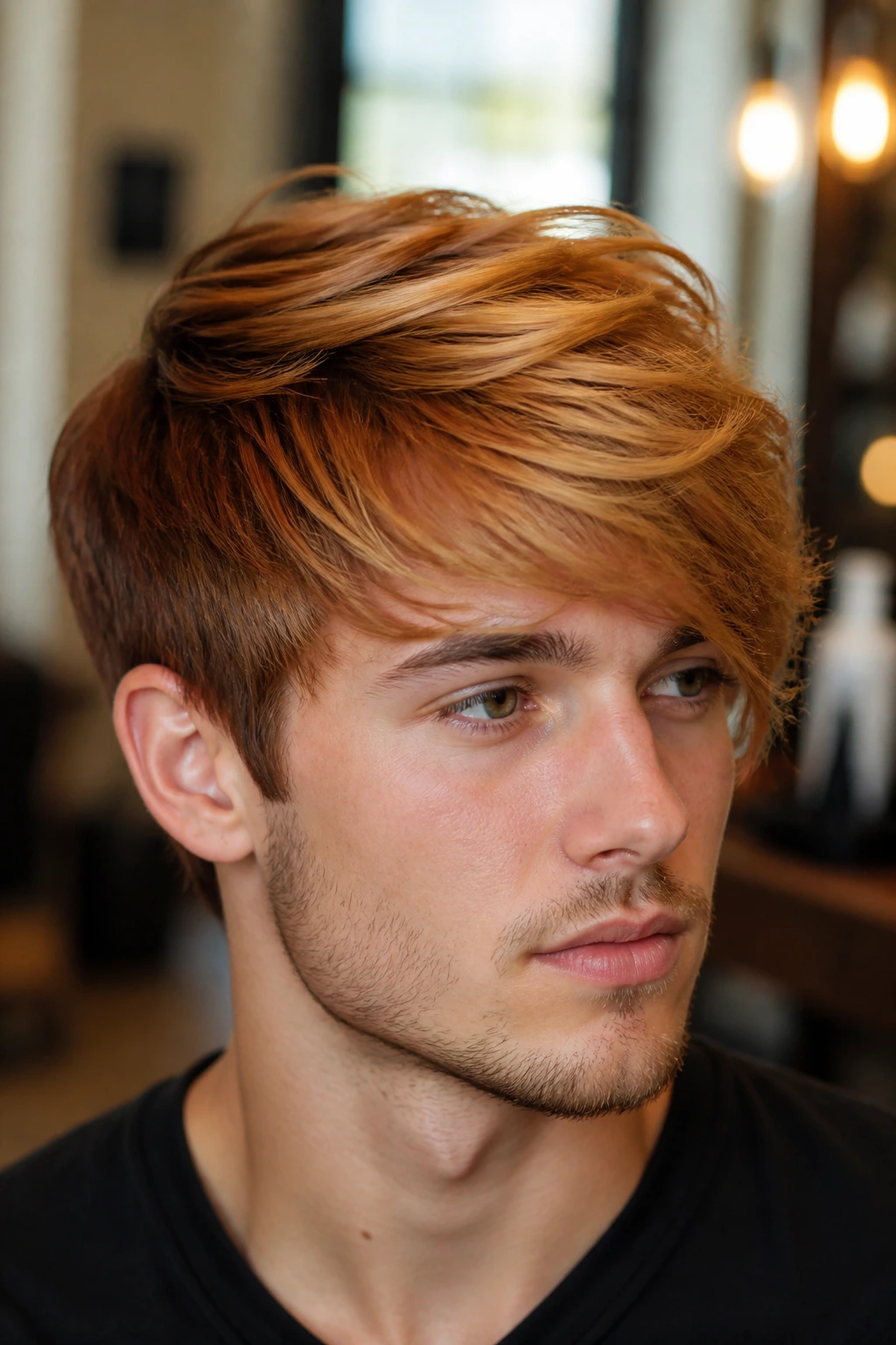 Portrait of man with side-swept bangs showing auburn dimension.