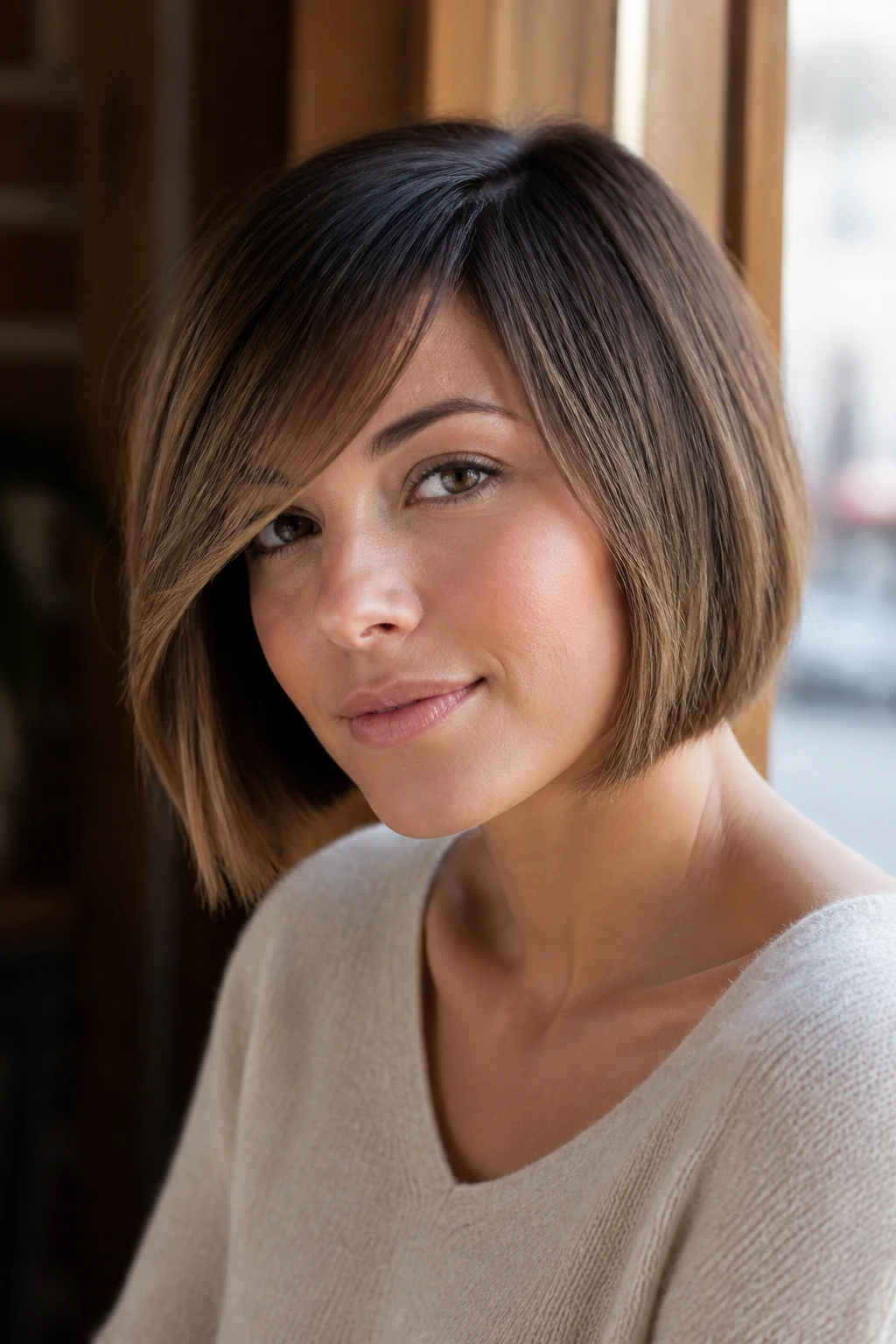 Close-up of a real woman with side-swept bangs and chin-length bob