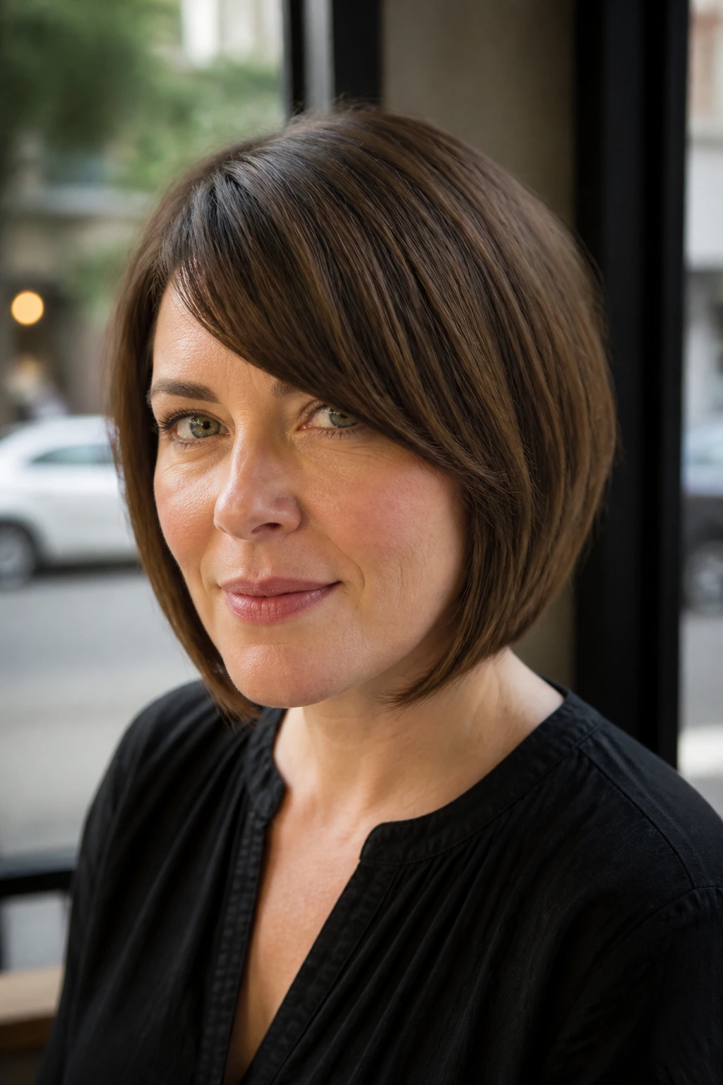 Close-up of real woman with Side-Swept Bang Bob and diagonal bangs