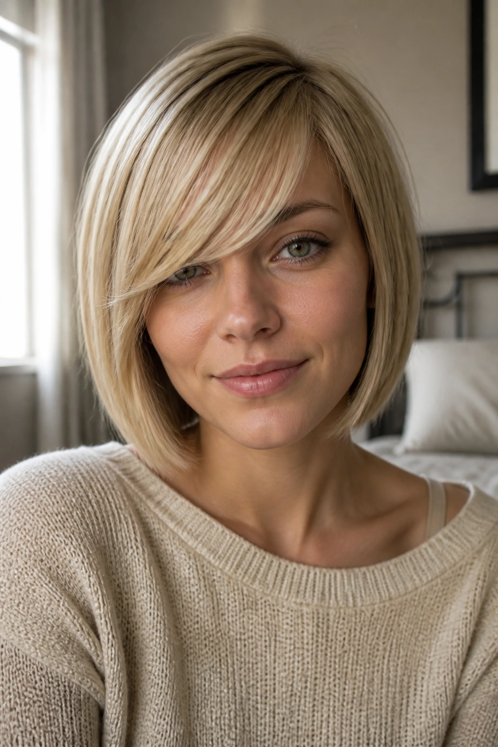Close-up portrait of a real woman with side-swept bangs and an above-shoulder bob in natural window light