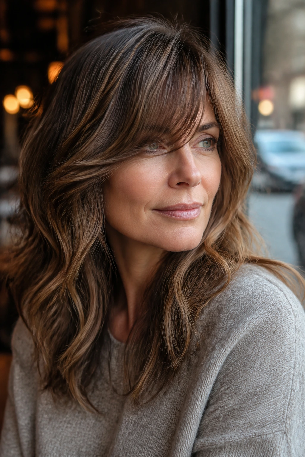 Close-up of a real woman with side-swept bangs brushing the brows