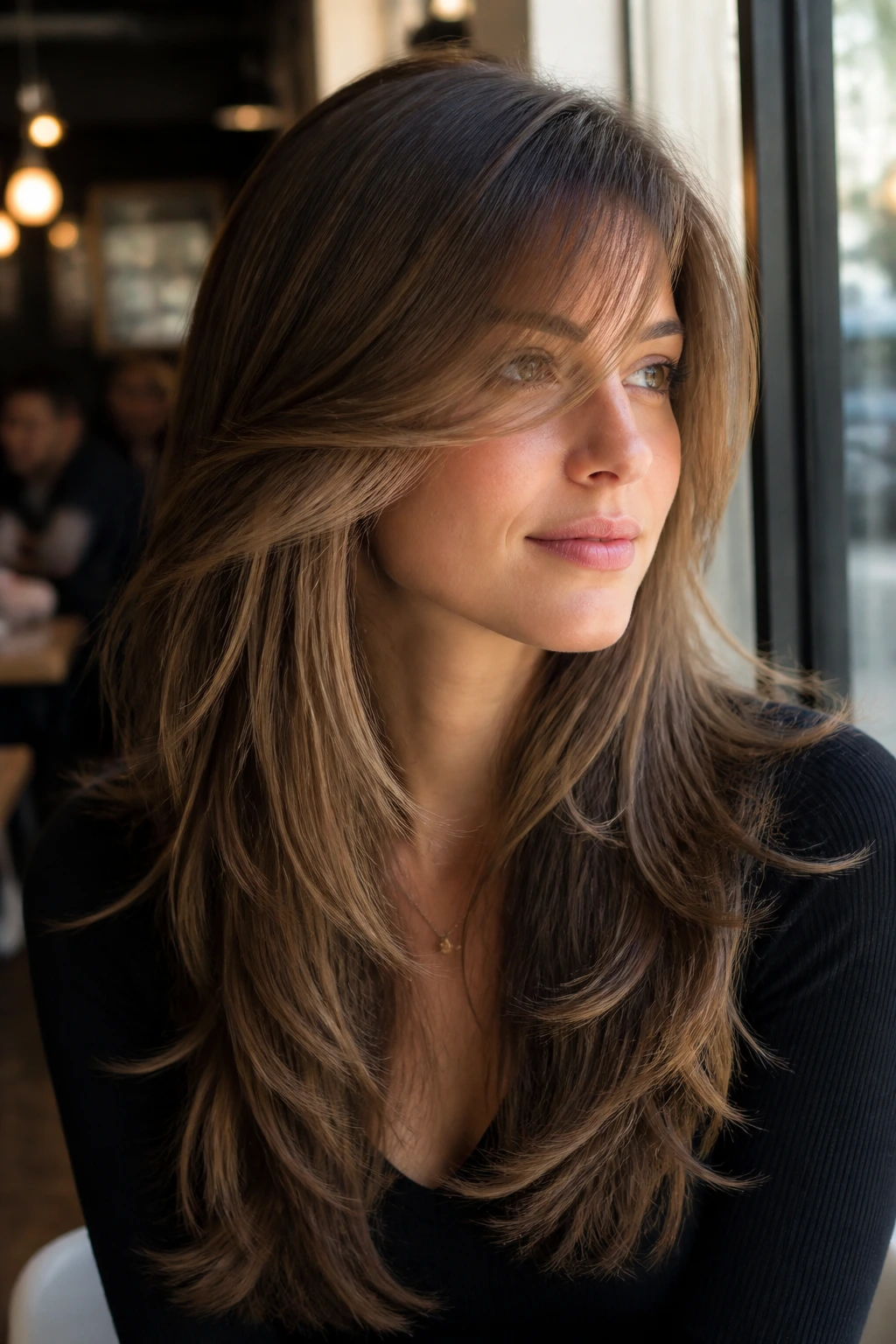 Real person with side-swept bangs and cascading long layers