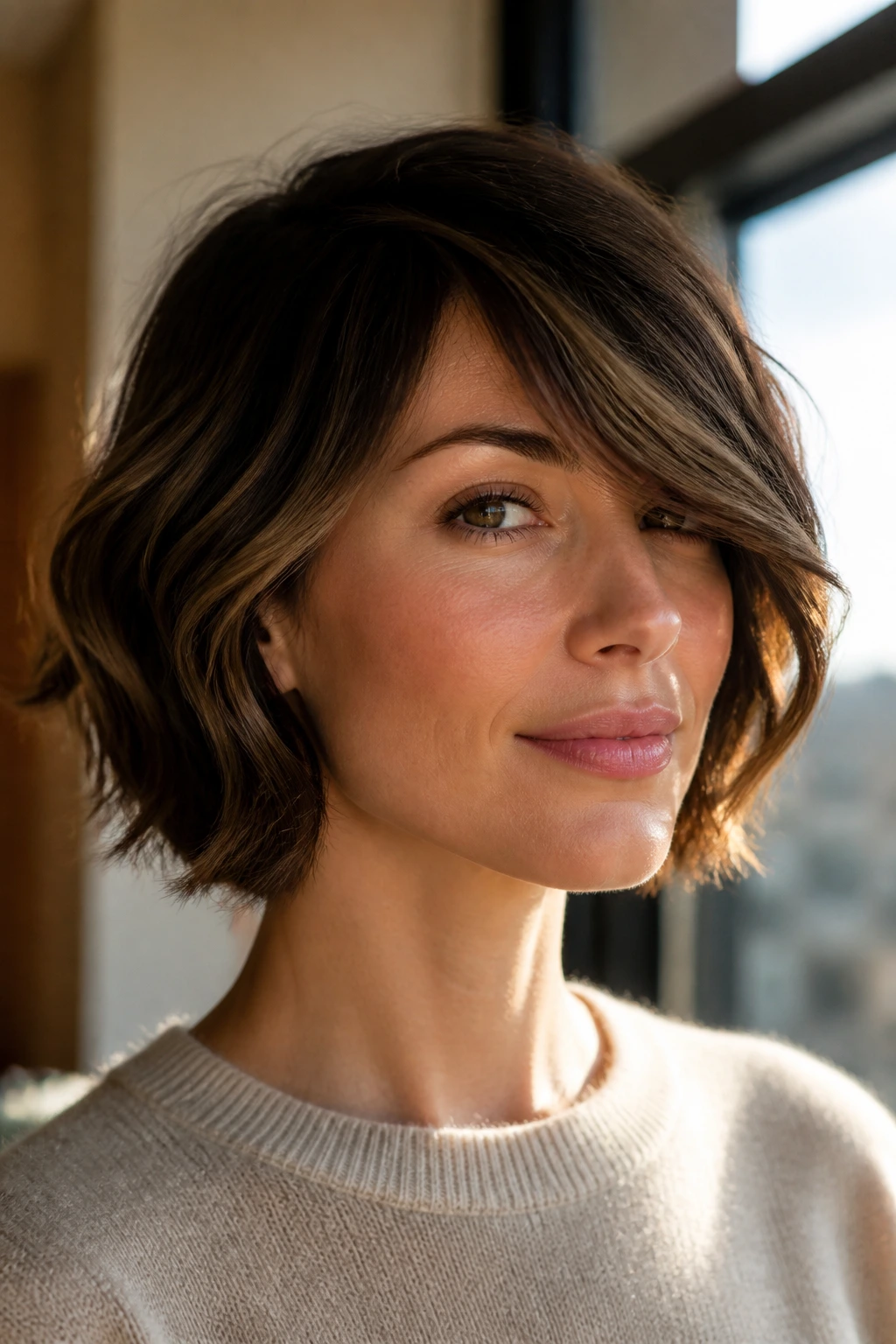 Close-up of a real woman with a side-swept bang bob and cheekbone lift in natural light