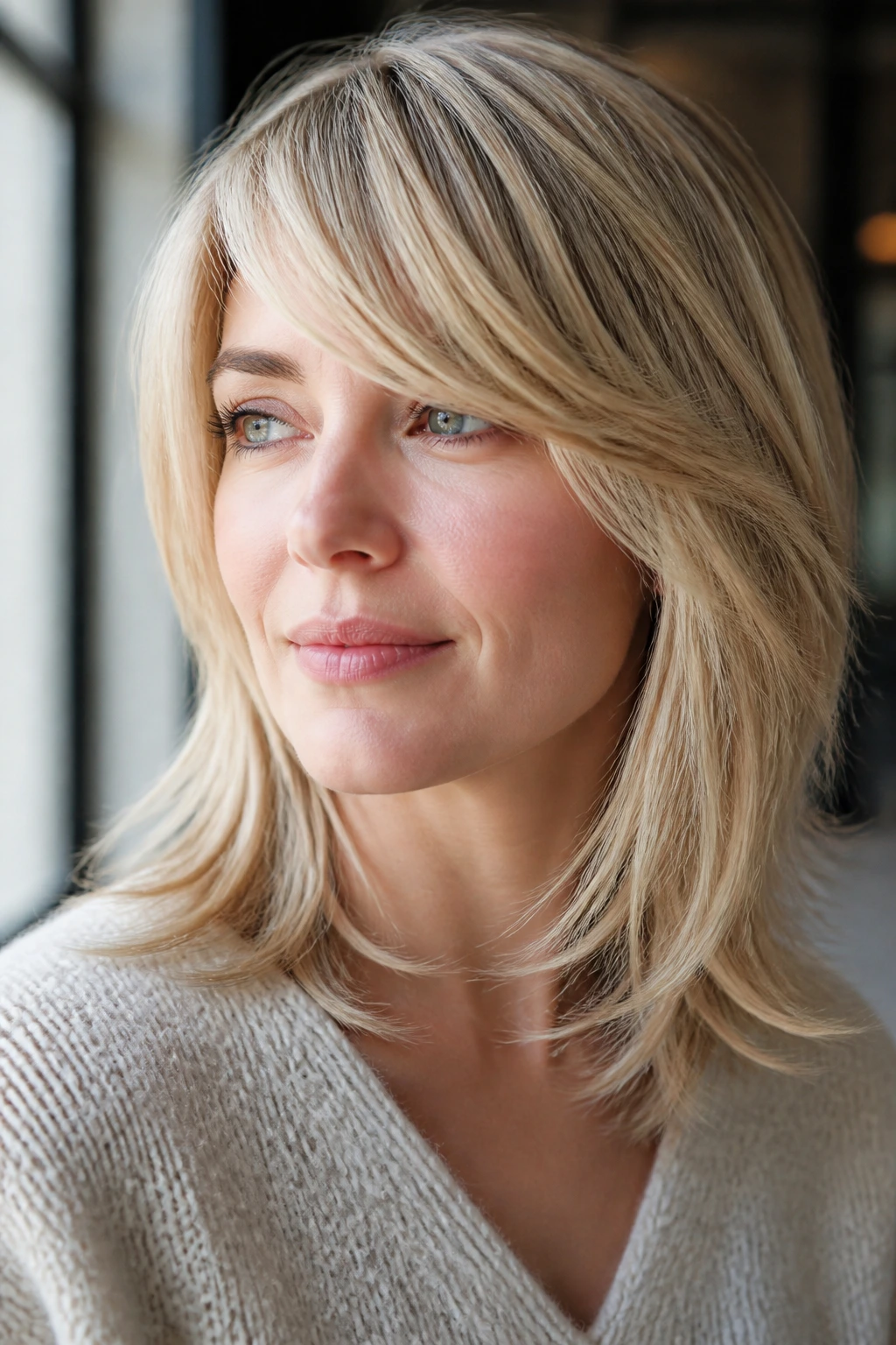 Portrait of a real woman with side-swept bangs and collarbone-length layers