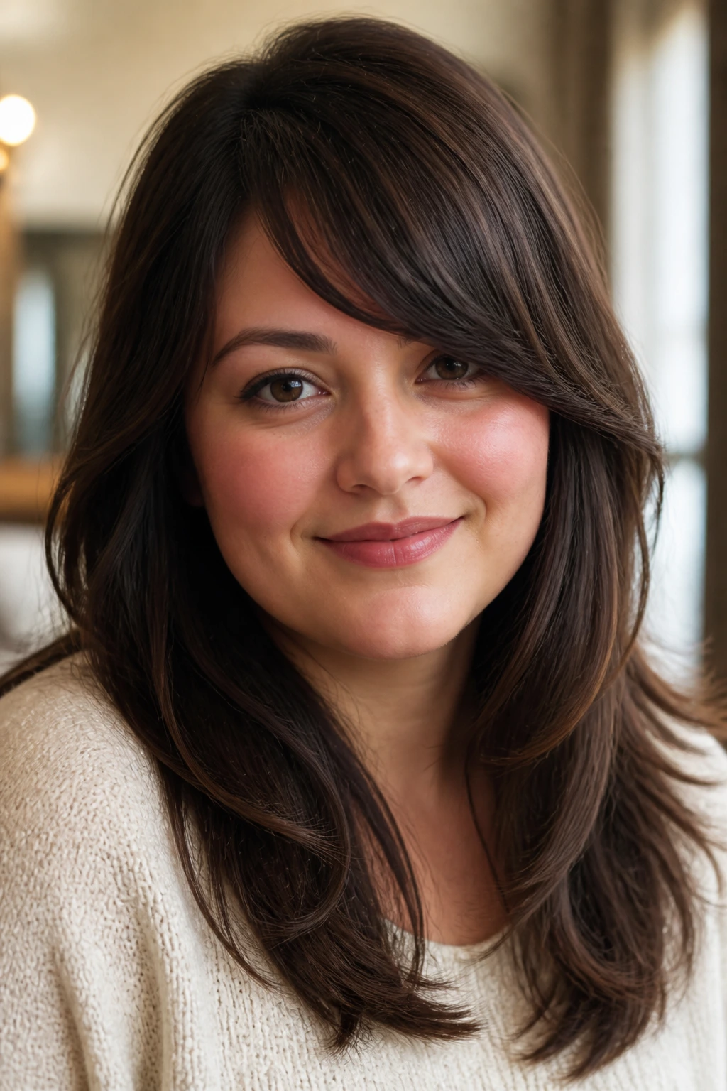 Close-up portrait of a woman with side-swept bangs and soft layers in natural light