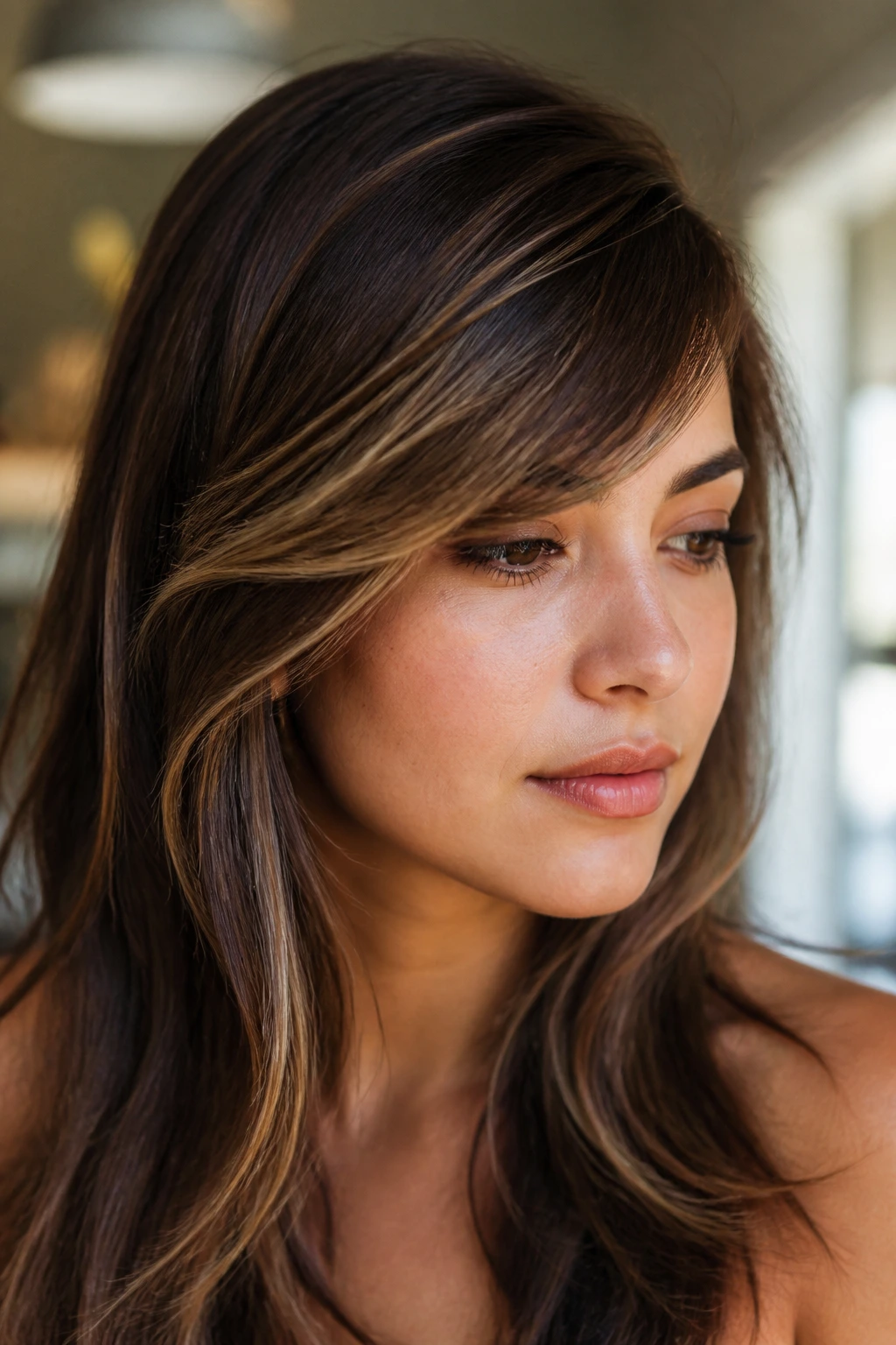 Portrait of a person with side-swept bangs and diagonal highlights illustrating color map dynamics.