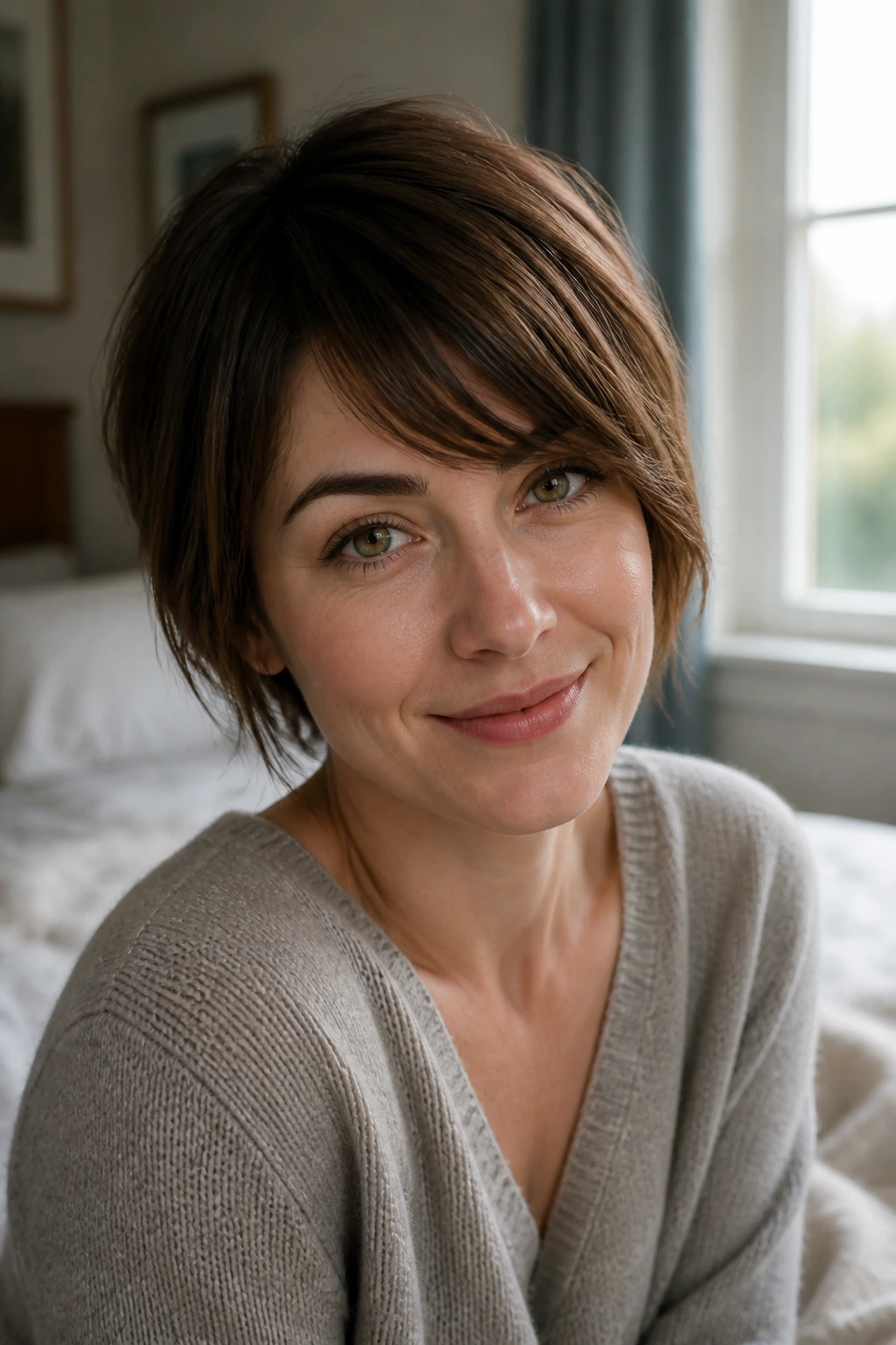 Close-up of a real woman with side-swept bangs framing eyes and cheekbones