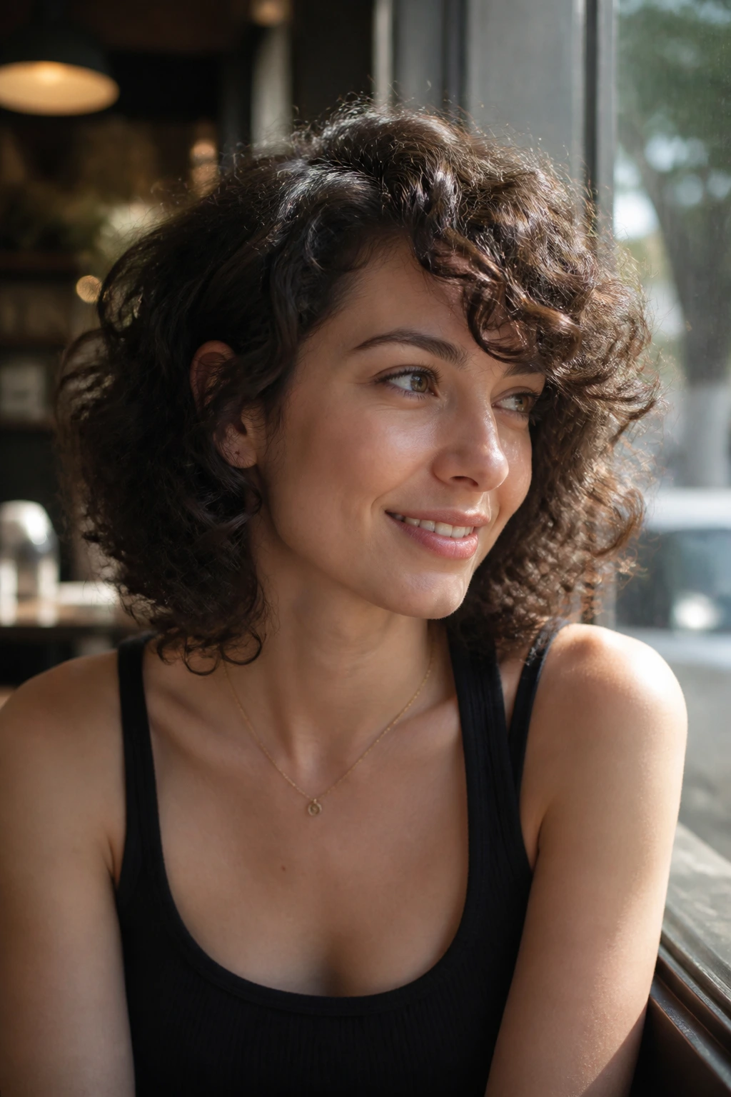 Portrait of side-swept curly bangs with a loose bend