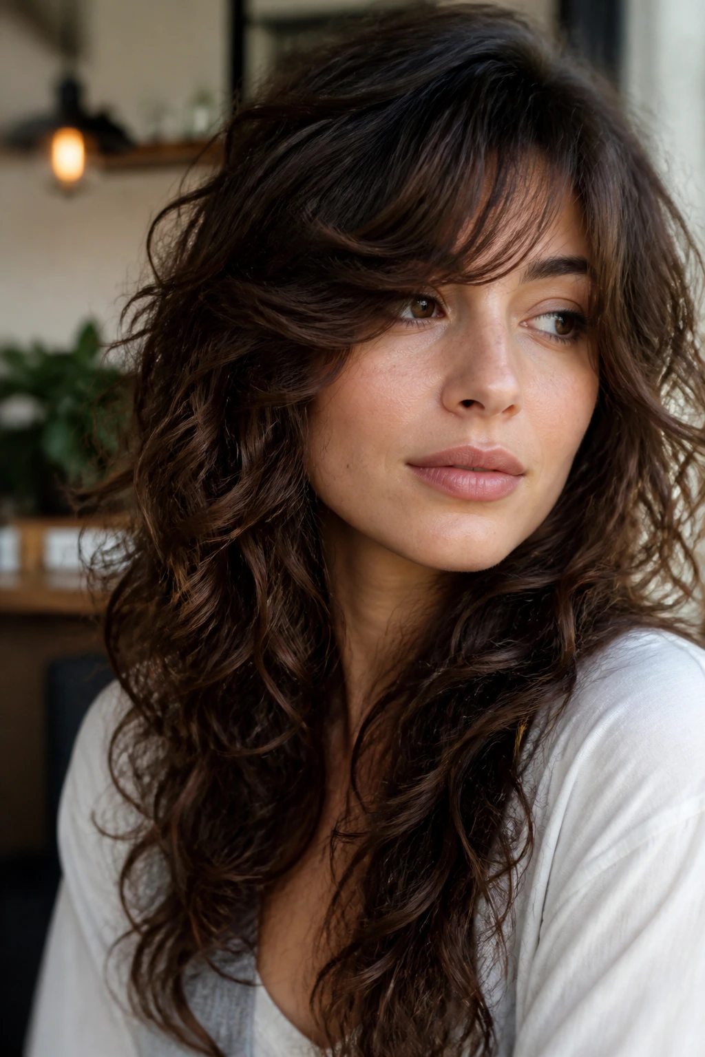 Portrait of a real woman with side-swept bangs and long layers.