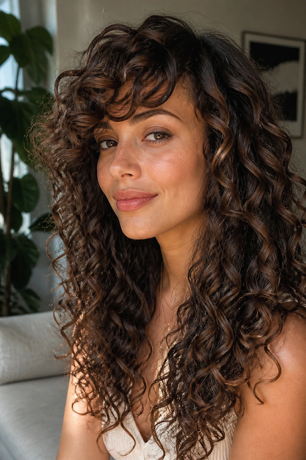 Close-up of a real woman with side-swept curly bangs on an oval face