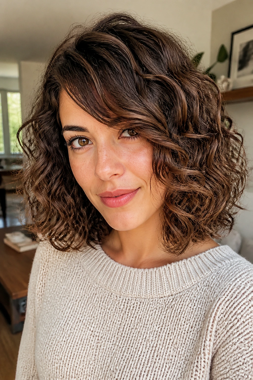 Close-up portrait of a real woman with a curly long bob and side-swept bangs under natural window light.